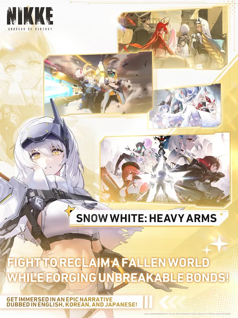 GODDESS OF VICTORY NIKKE artwork representing recurring voiced events, raids, costumes and login rewards