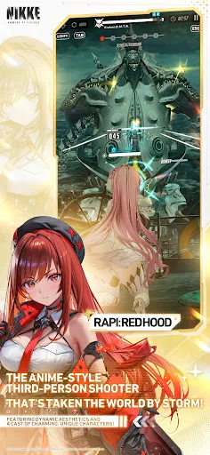 Red Hood aims toward a towering mechanical enemy during a combat encounter.