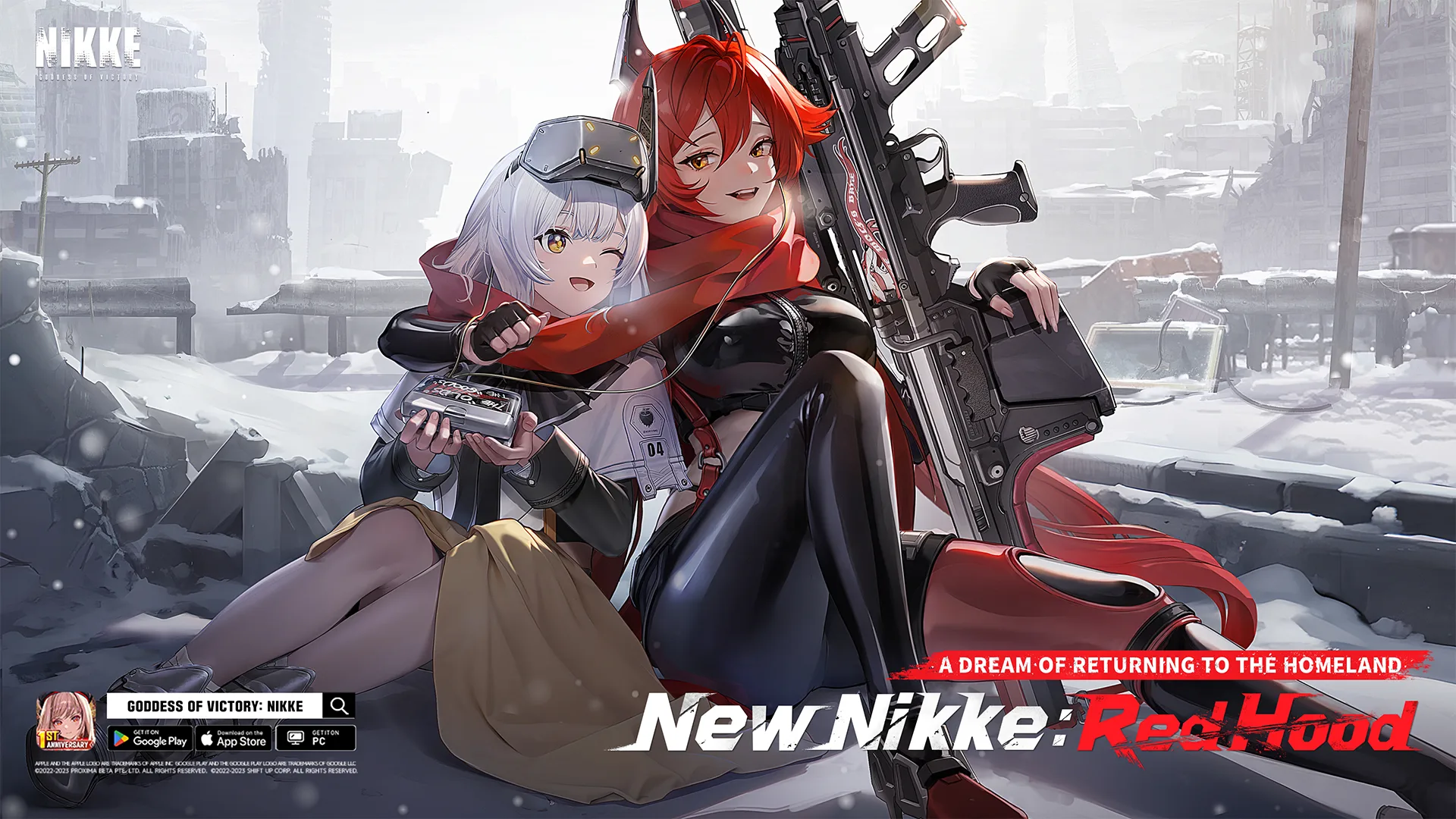 Red Hood sits with a white haired companion beside her rifle in a snow covered ruined city.