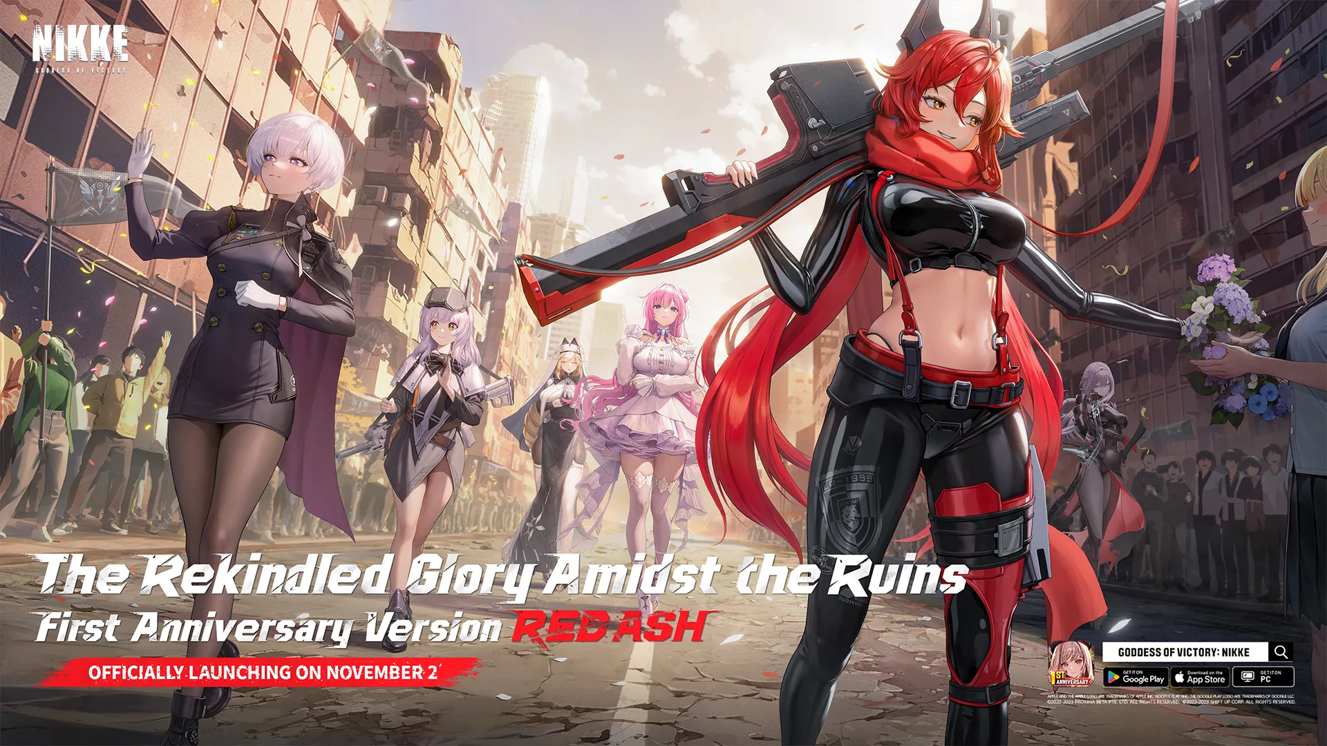 Red Hood carries her rifle at the front of a squad walking through a sunlit ruined city street.