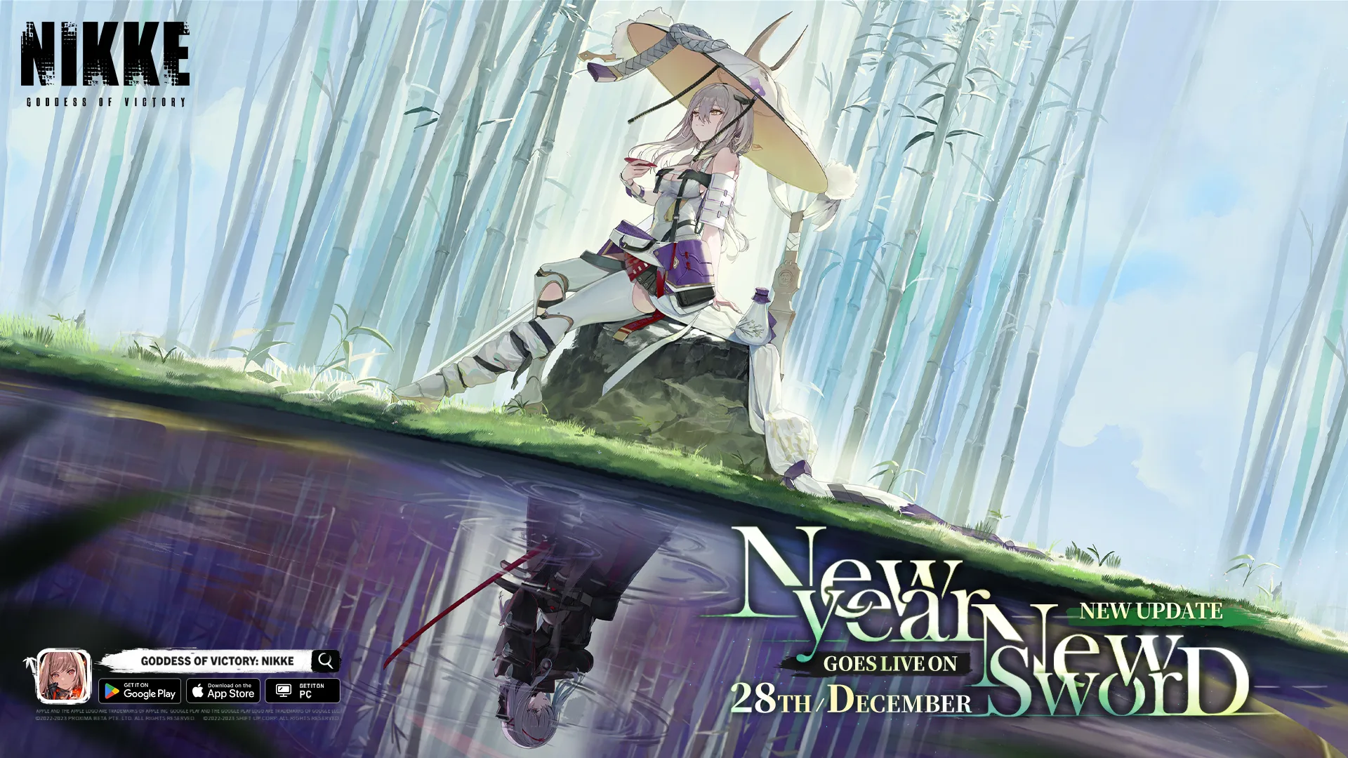 Scarlet rests beside a bamboo grove while her reflection appears across the dark water below.
