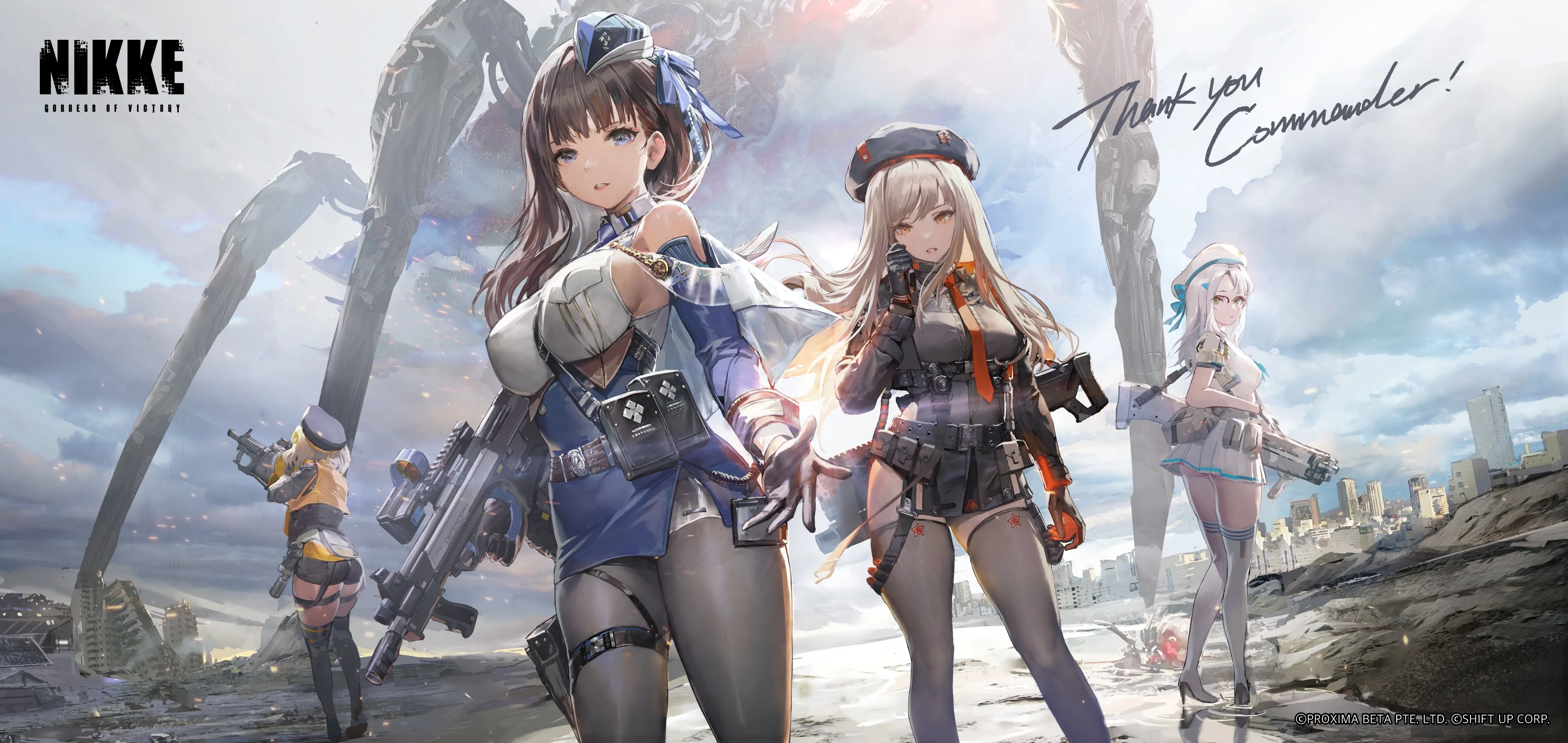 An armed NIKKE squad stands together in a ruined city beneath towering Rapture machinery.