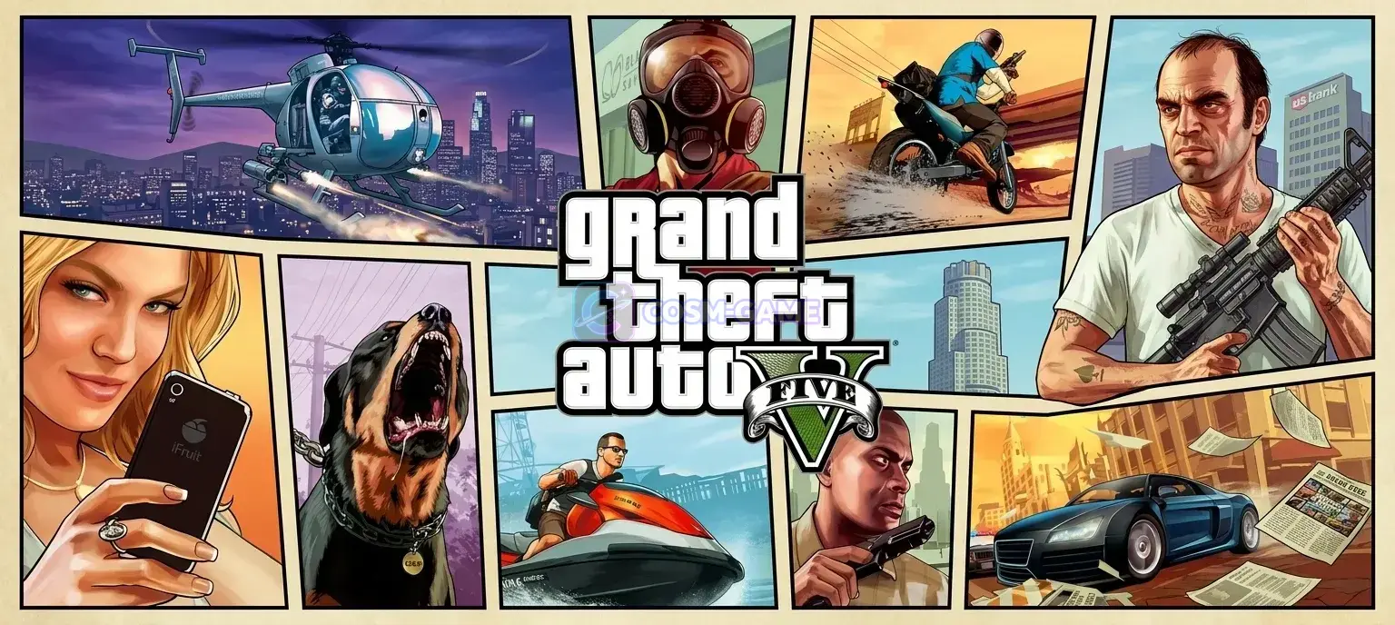 Grand Theft Auto V artwork featuring Franklin, Michael, and Trevor.