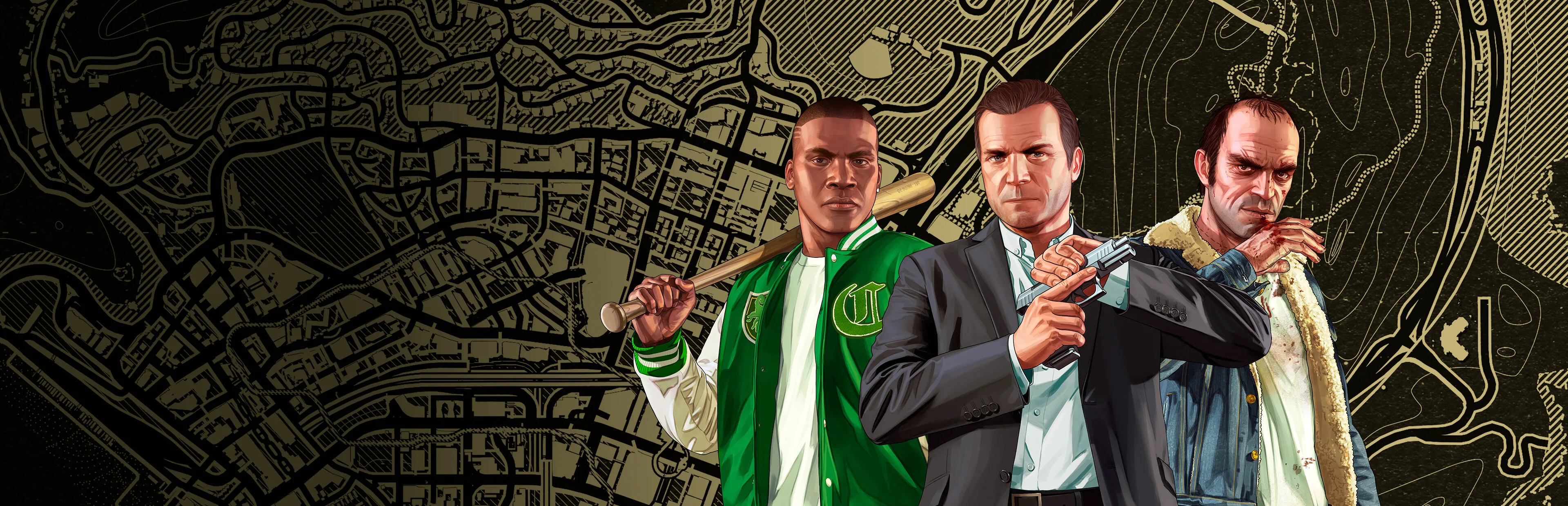 Franklin, Michael and Trevor stand in front of a black and gold map of Los Santos.
