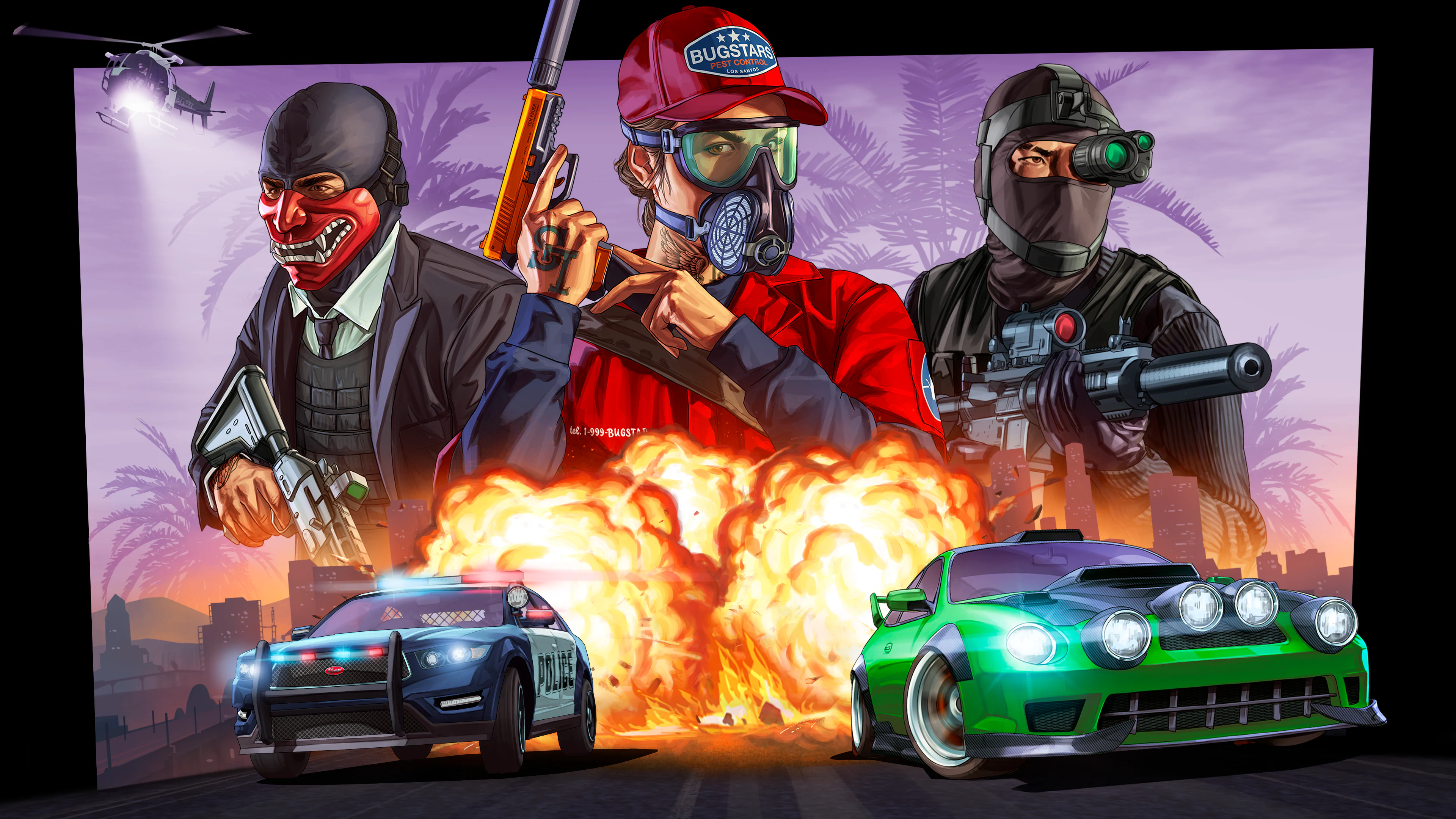 Three armed GTA Online characters stand above an explosion with a police car and green sports car in front.