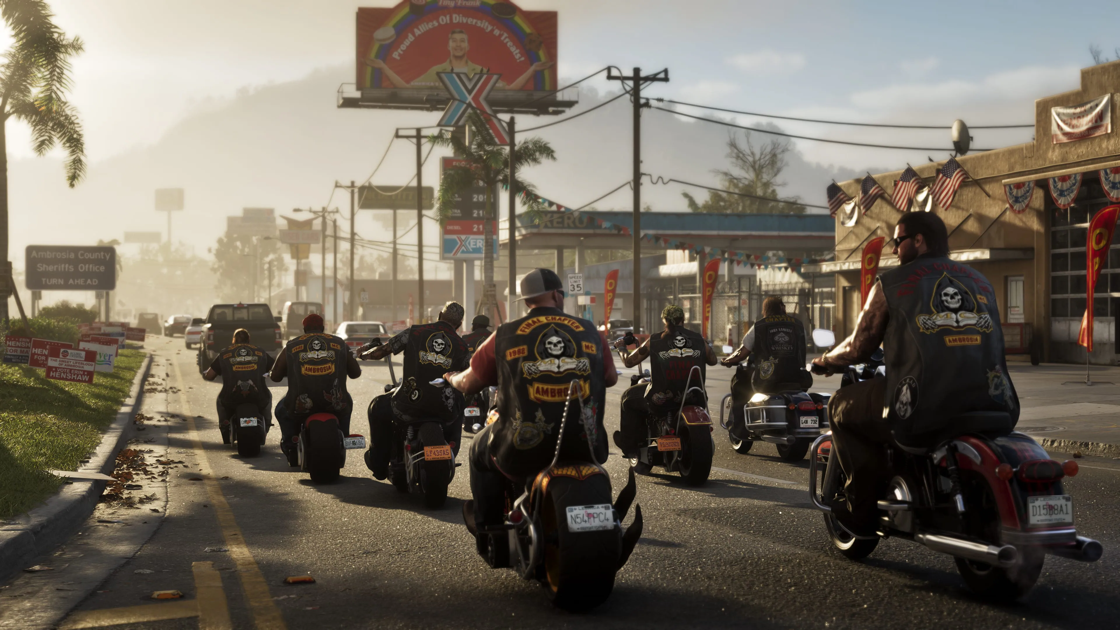 Motorcycle club riders traveling together through the streets of Ambrosia
