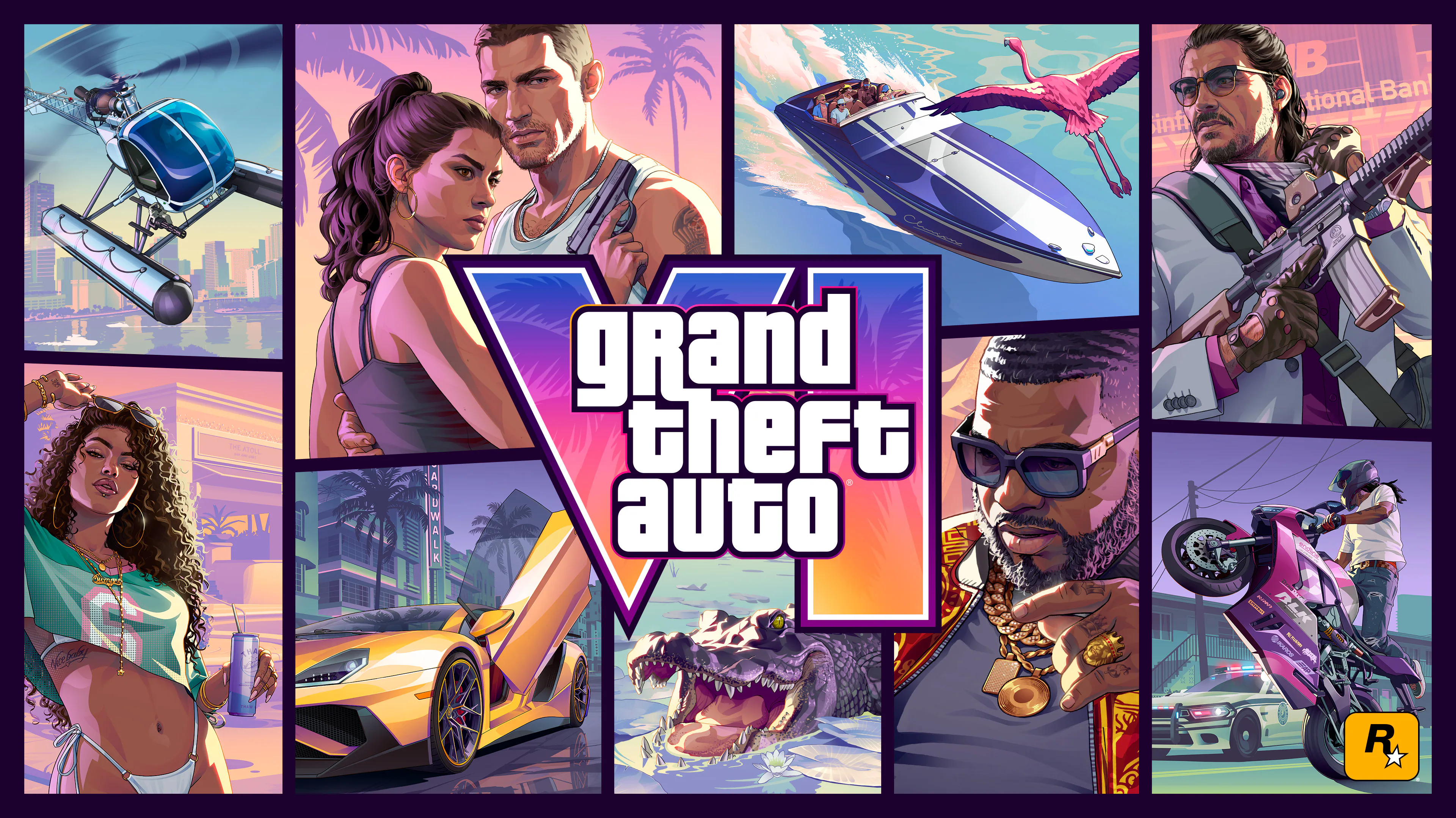 Grand Theft Auto VI cover art collage with Jason, Lucia, vehicles, and Vice City scenes around the VI logo.