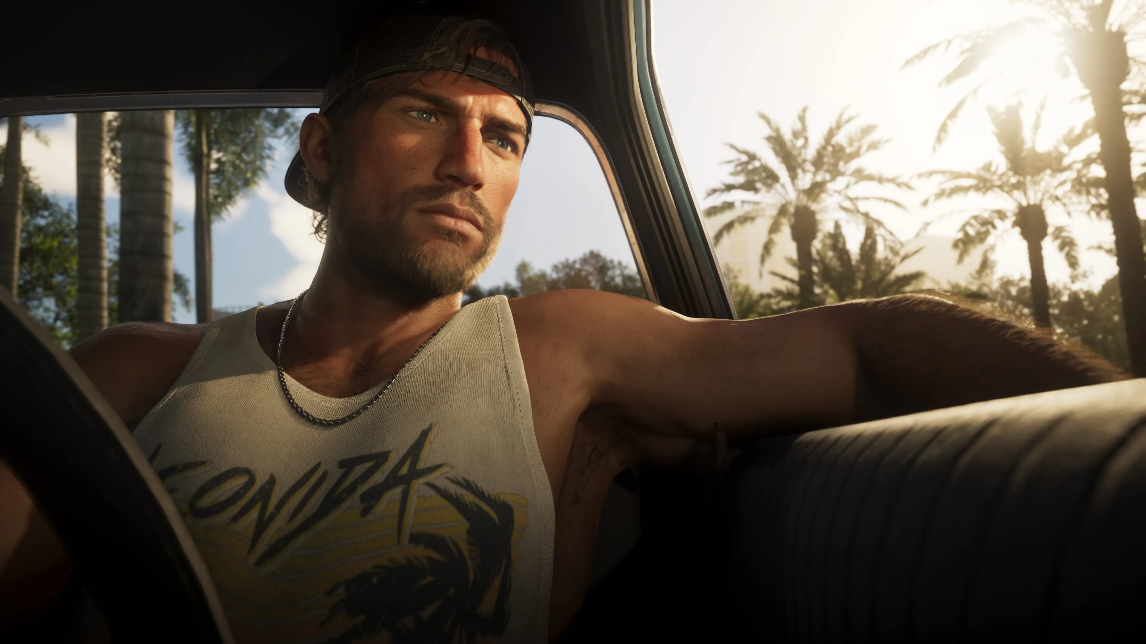 Jason Duval in a vehicle in an official Rockstar screenshot