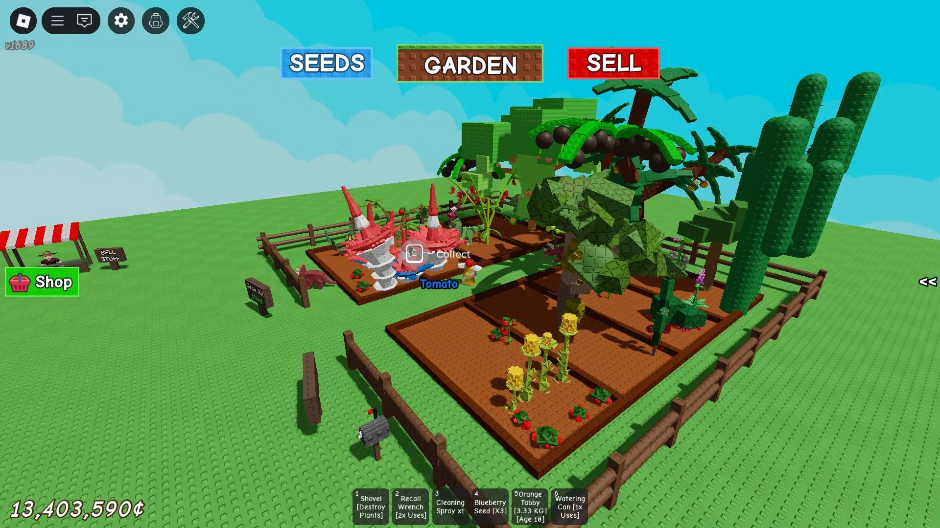 A large Grow a Garden farm is packed with towering crops, fruit trees, flowers, and fenced planting plots beneath a bright blue sky.