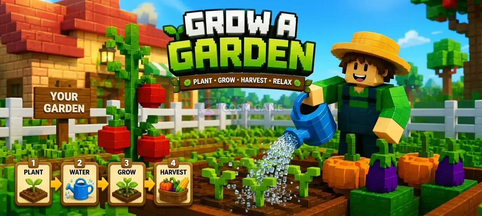 A large Grow a Garden farm is packed with towering crops, fruit trees, flowers, and fenced planting plots beneath a bright blue sky.