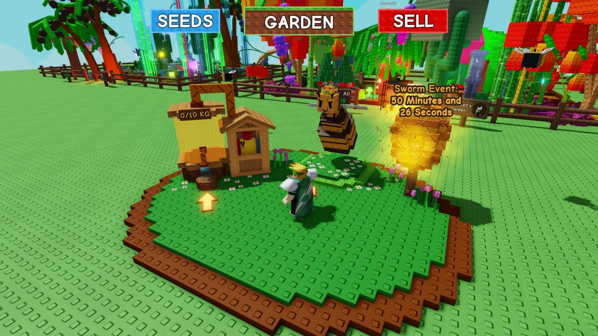 A giant glowing bee hovers beside the garden while the Swarm Event countdown appears among colorful crops and flowers.