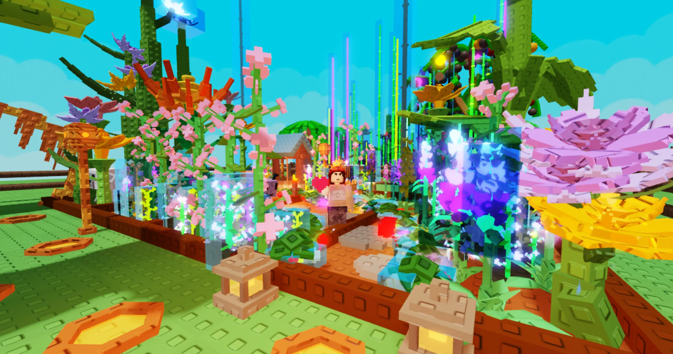 Grow a Garden gameplay showing a cultivated garden with crops and surrounding paths
