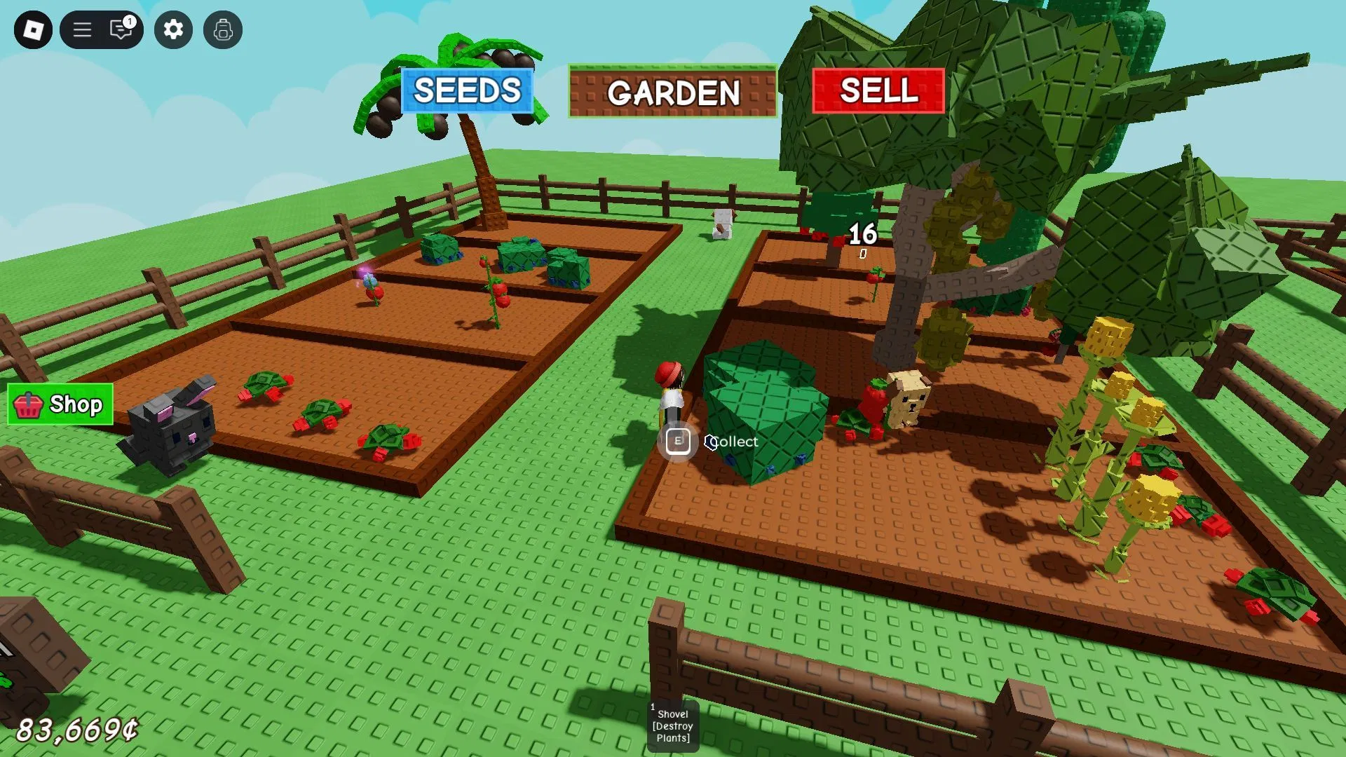 Several fenced garden plots contain fruit trees, bushes, and smaller crops while a character stands beside a plant ready to collect.