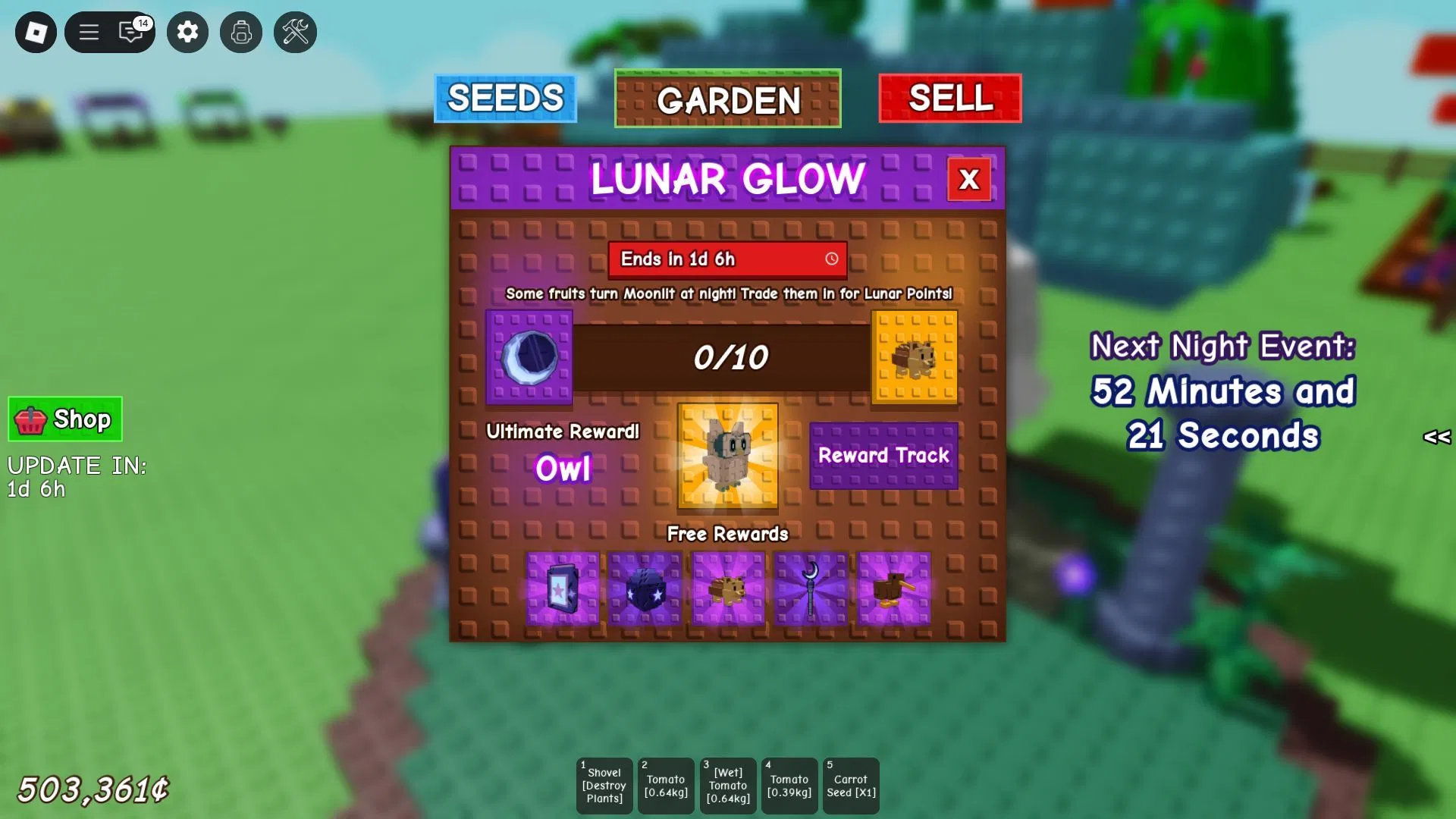 The Lunar Glow menu displays Moonlit fruit progress, an Owl reward, and a row of event rewards above the garden.