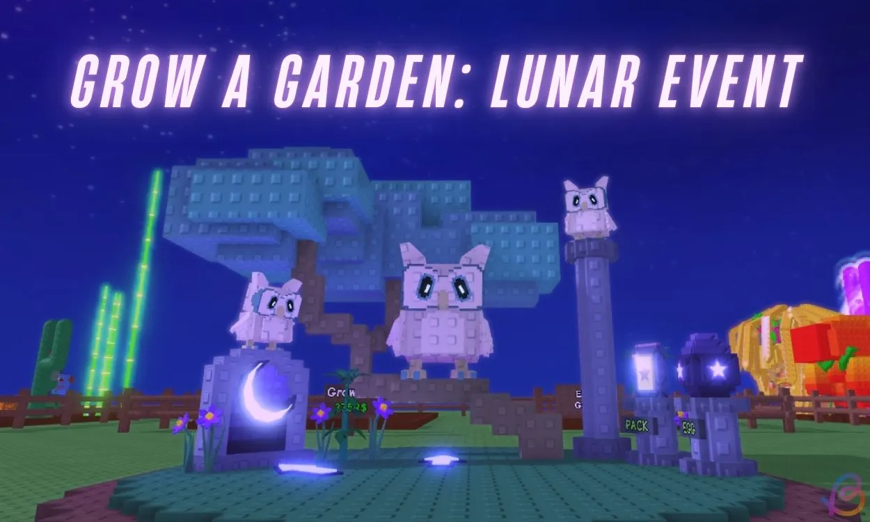 Three blocky owls surround a glowing crescent moon pedestal beneath the night sky during the Lunar Glow event.