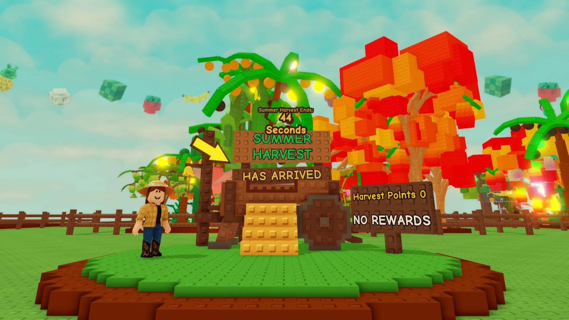 A character approaches the Summer Harvest cart as a countdown and Harvest Points reward board appear beside the garden.