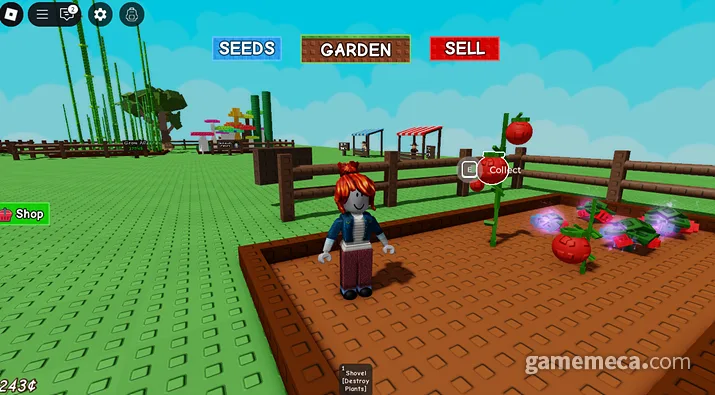A character stands beside ripe tomato plants with the Seeds, Garden, and Sell controls visible above the farm.