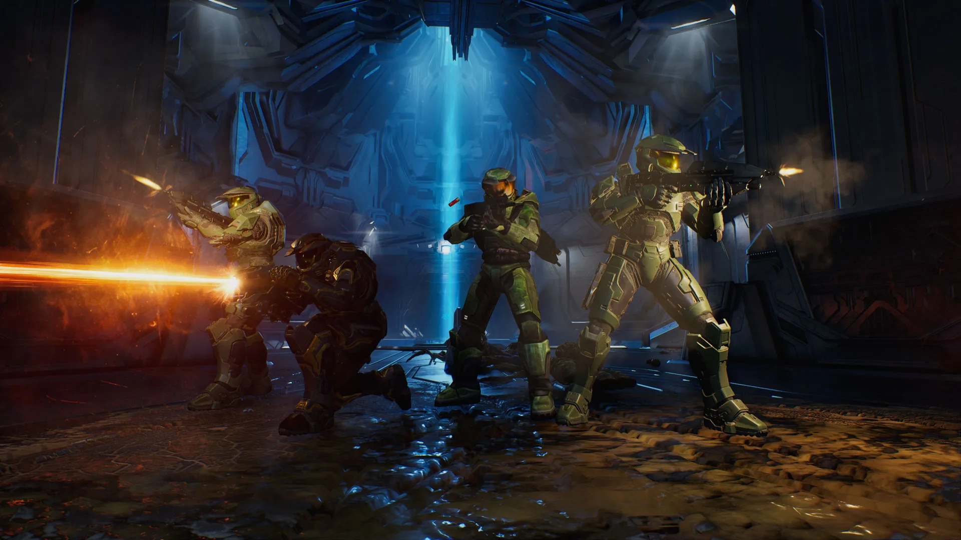 Four Spartans fire together during Halo: Campaign Evolved cooperative play