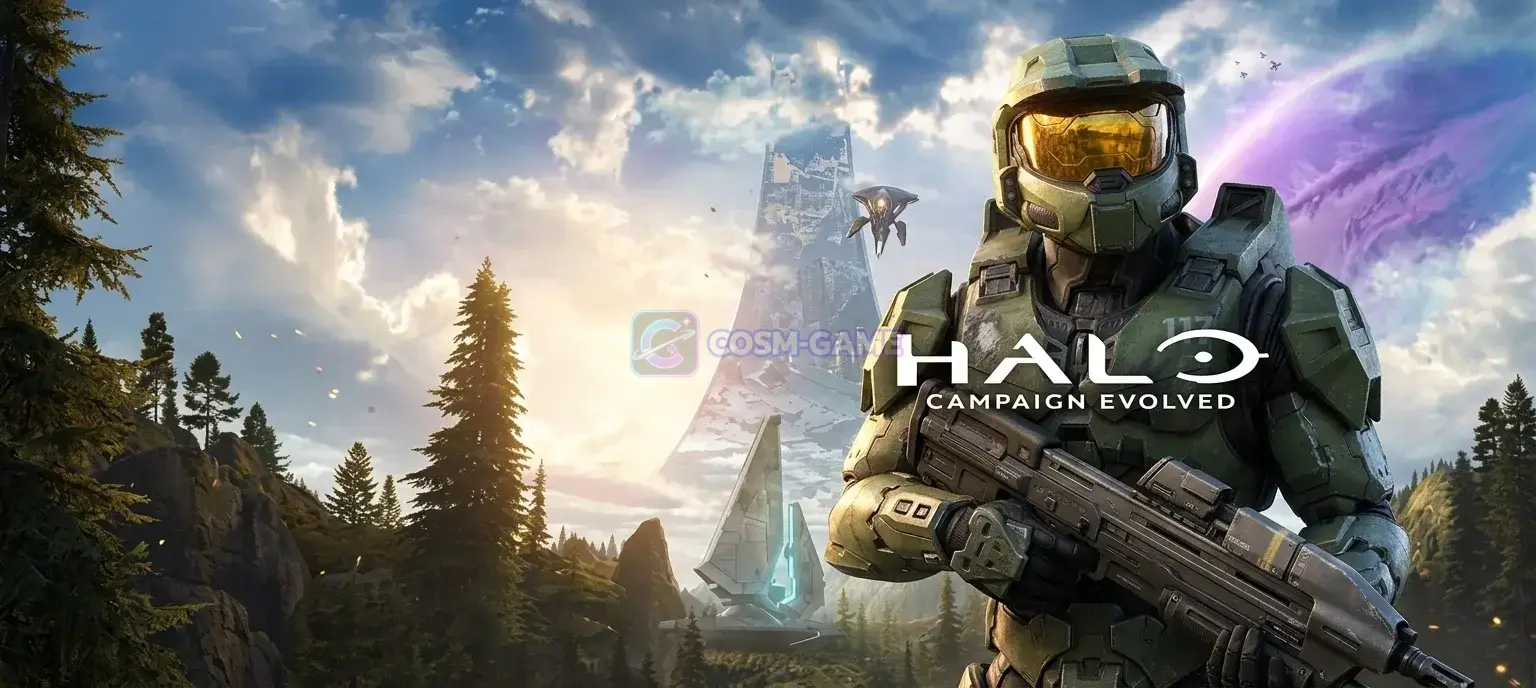 Master Chief holding a rifle on Halo with a Forerunner structure and the ringworld rising behind him