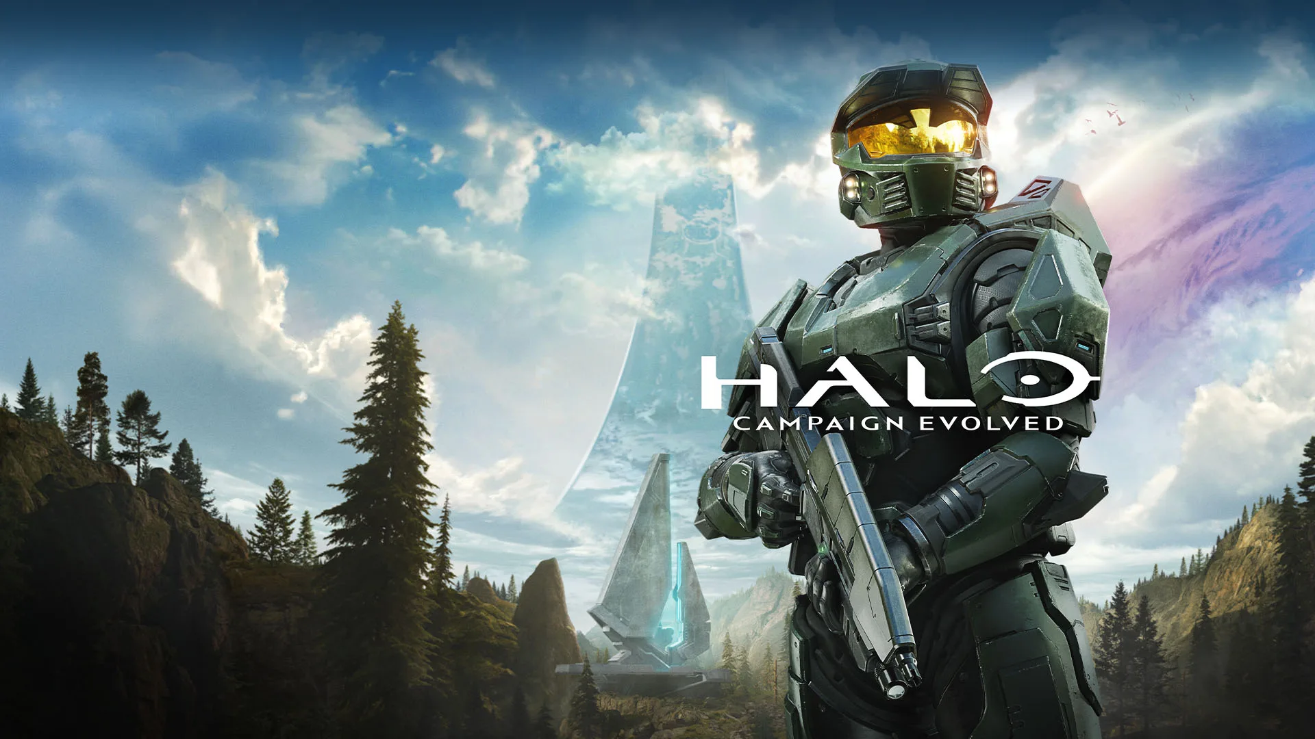 Master Chief standing within Halo's rebuilt wilderness in official Halo: Campaign Evolved key art.