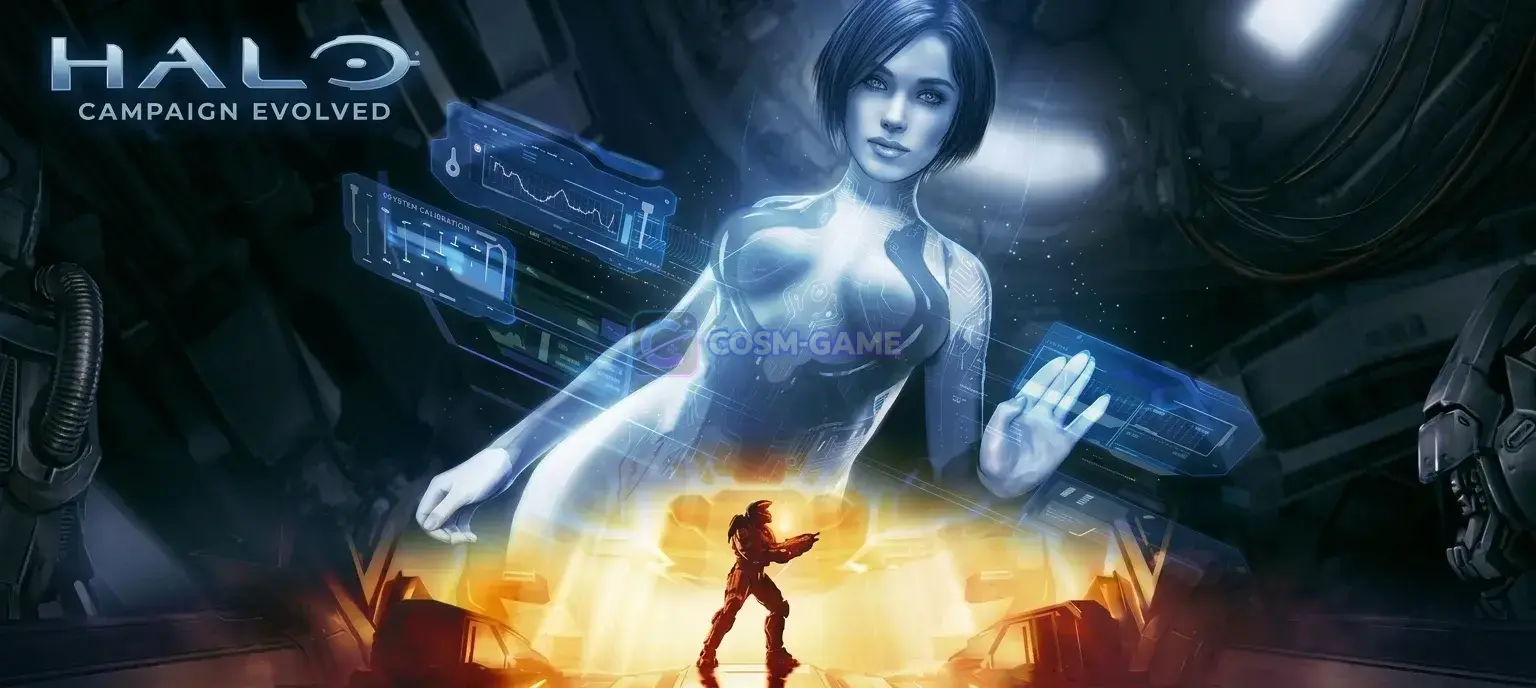 Master Chief stands with an assault rifle before a forested valley while the Halo ring curves across the sky.