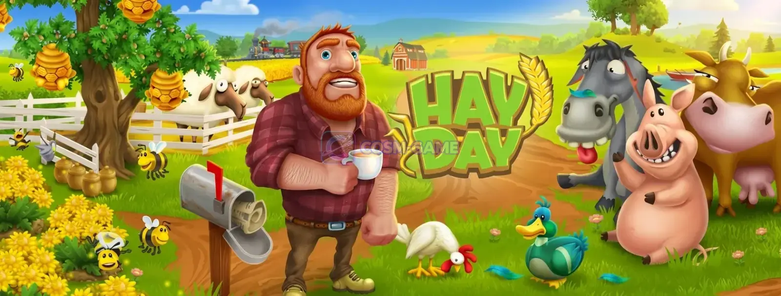 A smiling farmer drives a red tractor beside a hay wagon, chickens, and a sheep on a bright farm.