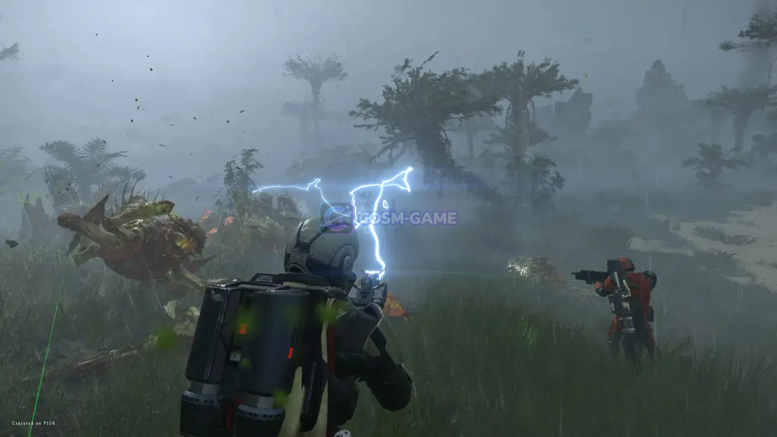 Helldivers 2 gameplay shows a squad deployed on a hostile alien world.