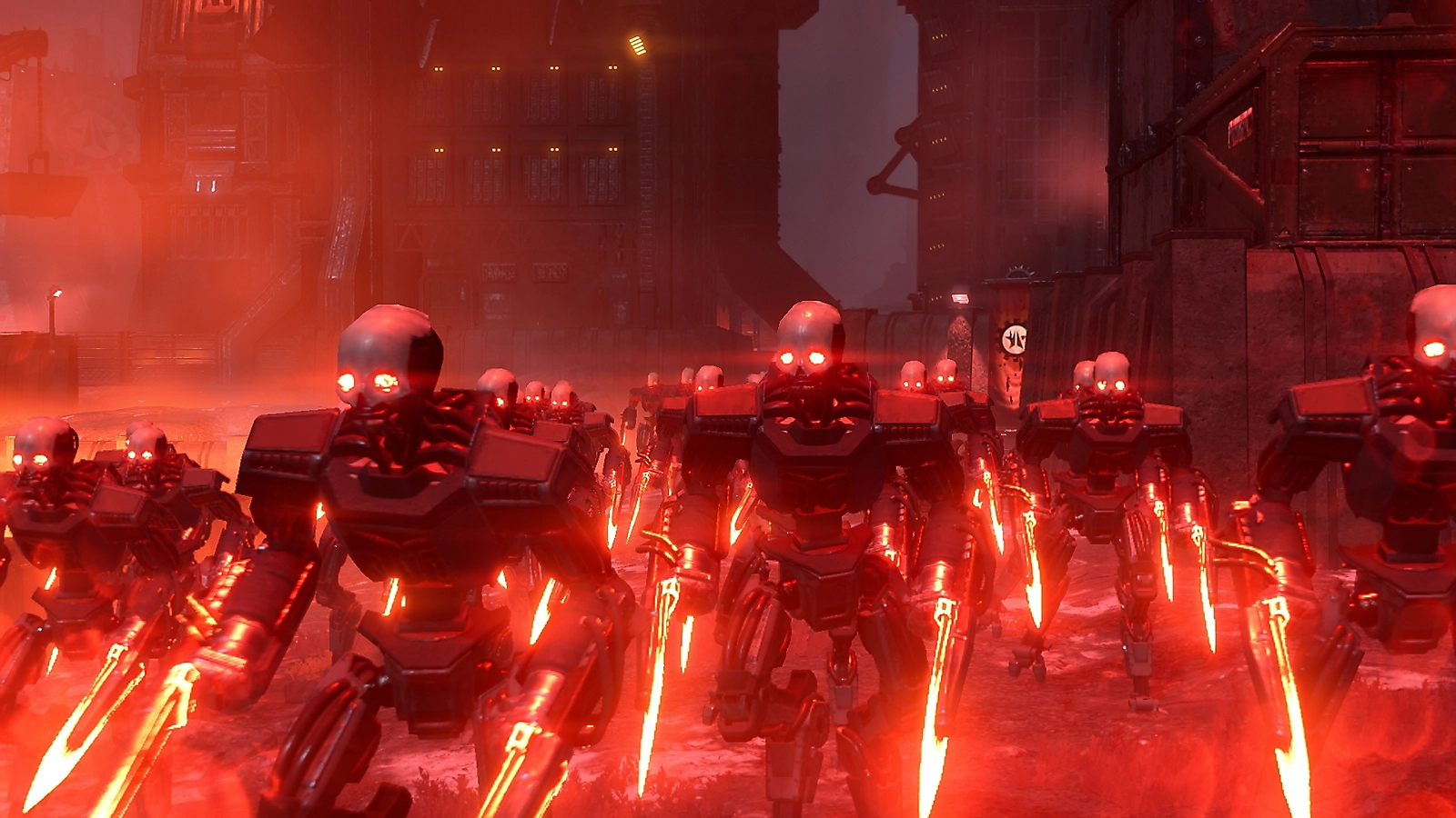 Cyborg enemies advancing through a Machinery of Oppression battlefield in Helldivers 2