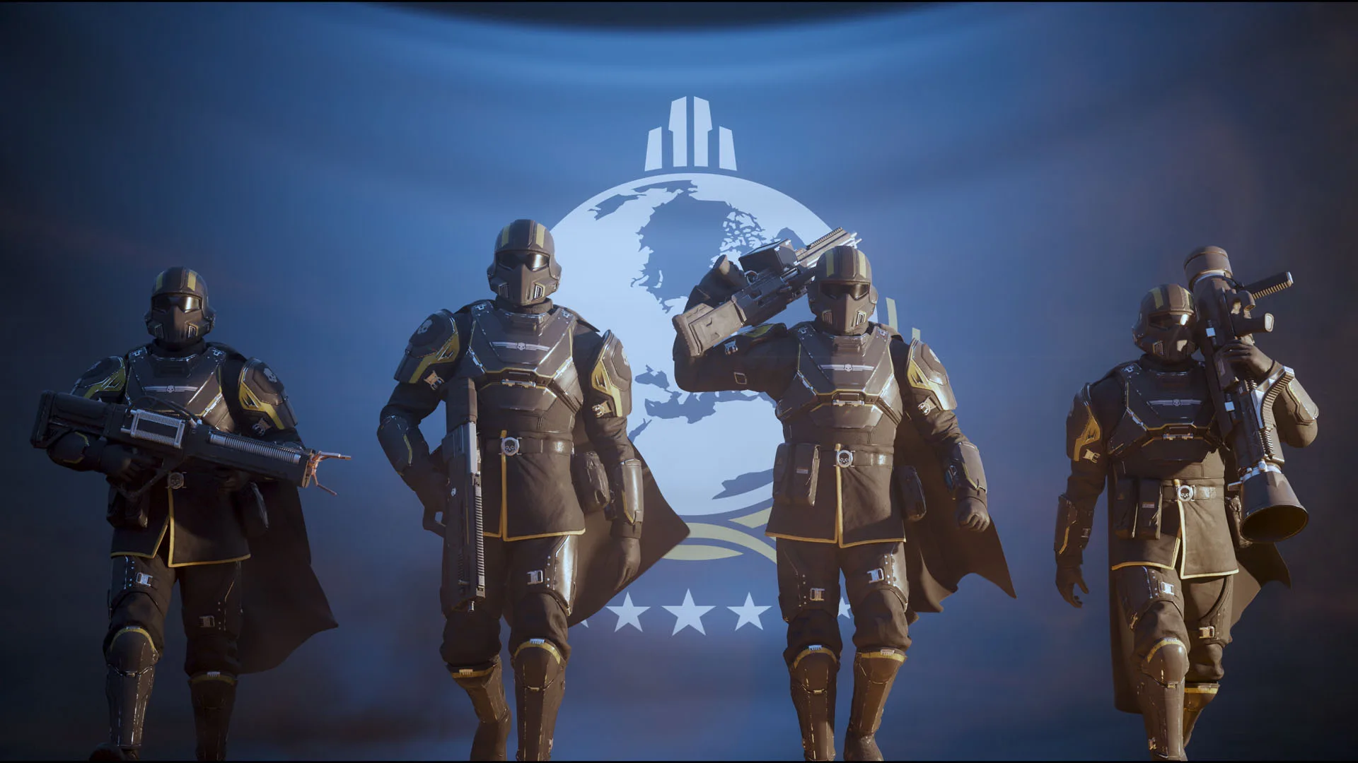 Four Helldivers standing together in front of the Super Earth emblem