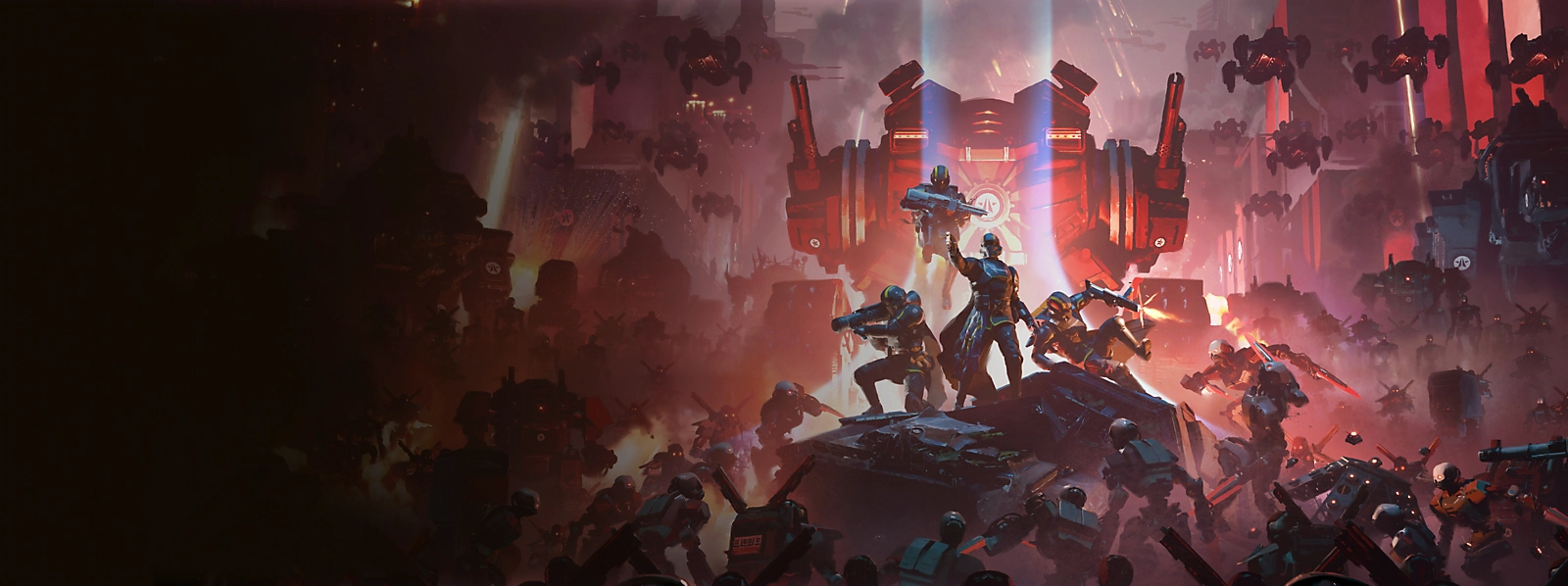Helldivers fighting mechanized forces in the Machinery of Oppression key art.