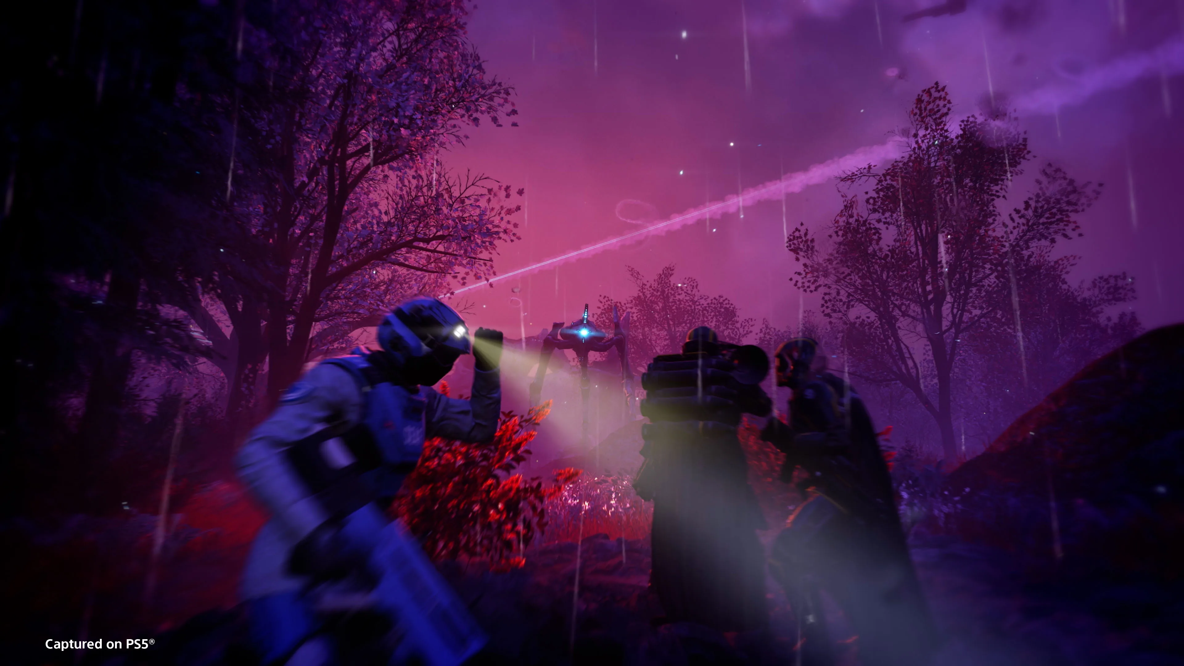SEAF soldiers move through a purple Void landscape while an Illuminate enemy hovers ahead.