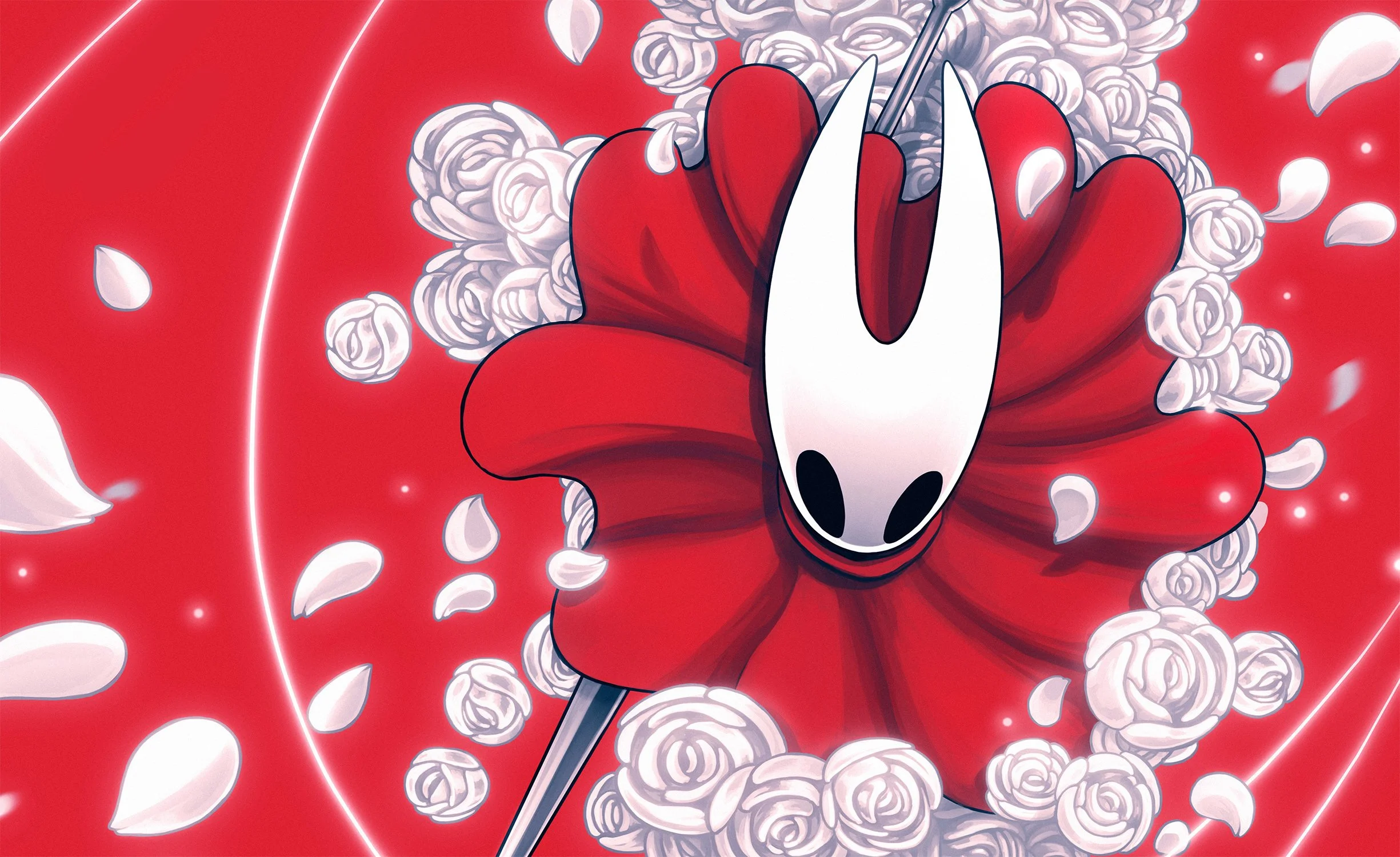 Hornet dives forward among white flowers against a vivid red background.