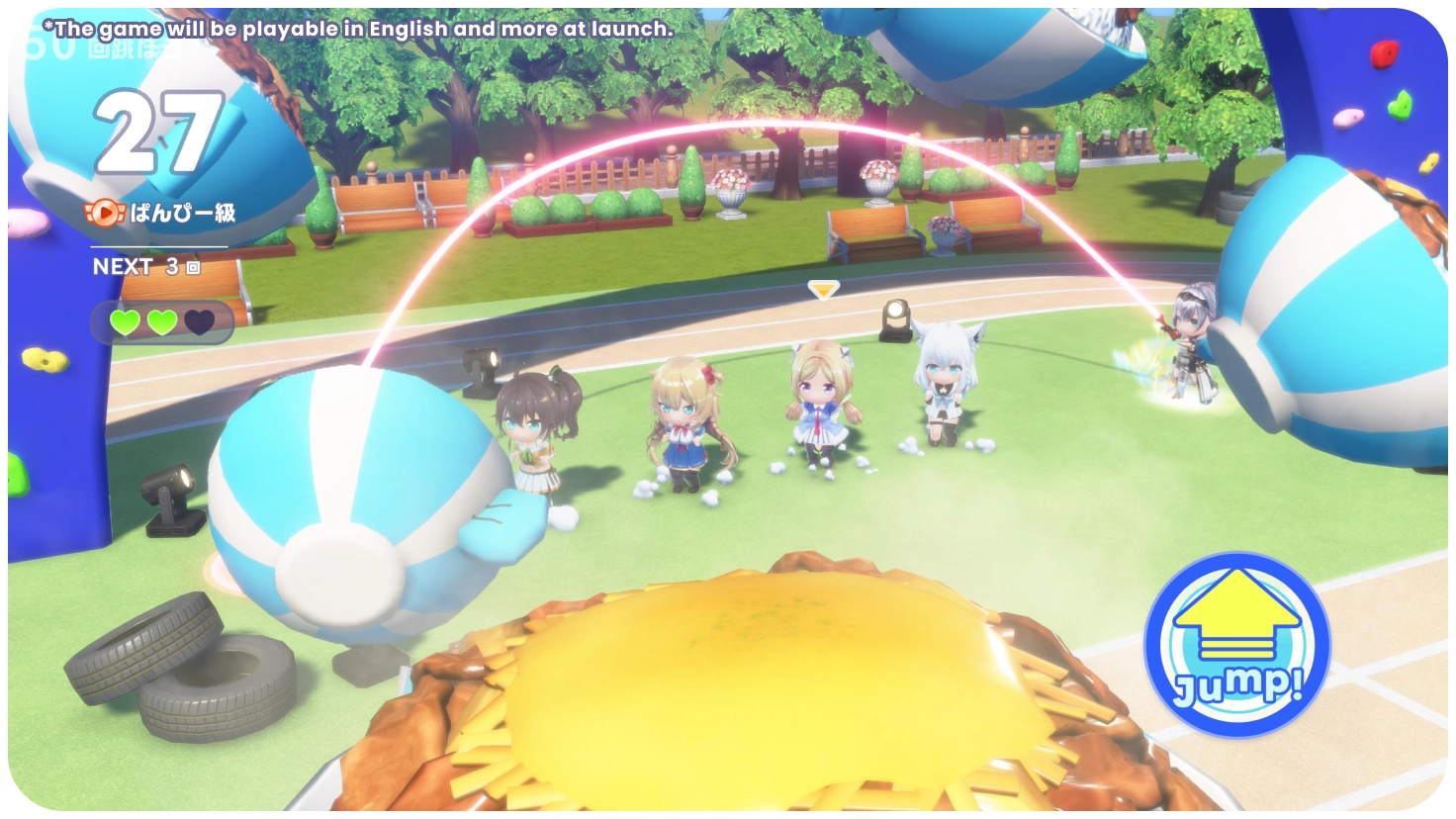 Chibi hololive talents facing oversized beach balls in a Hoppin' Rope round.