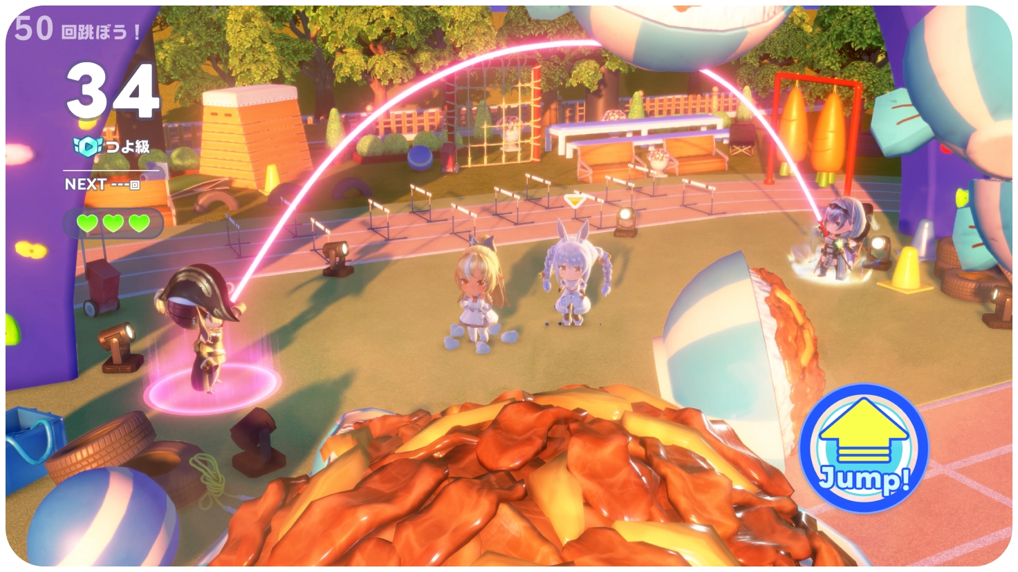 Chibi hololive talents jumping over a rotating food obstacle in the Hoppin' Rope mini-game.