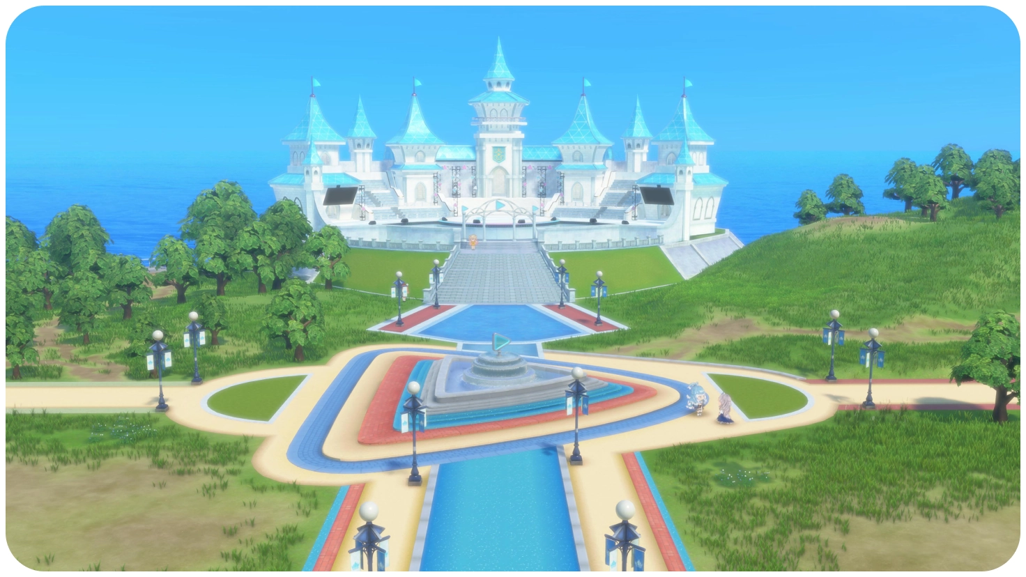 Dream Park's central castle overlooking paths, fountains and undeveloped facility plots.