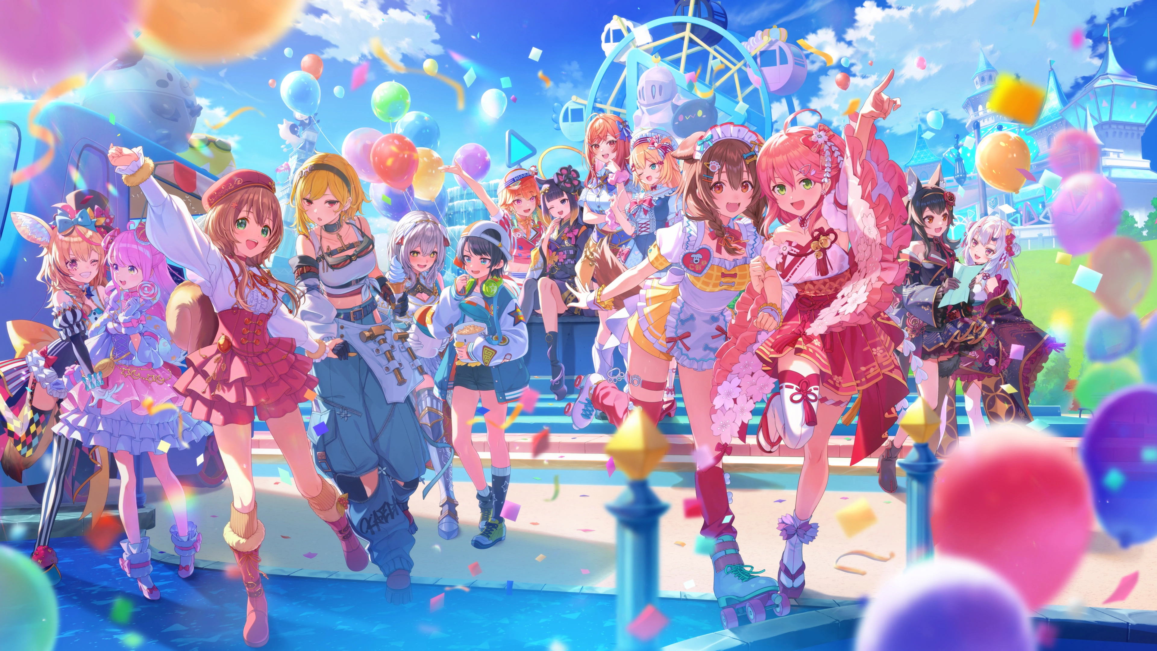 Hololive members celebrate together inside Dream Park with a castle, Ferris wheel, balloons, and confetti in the background.