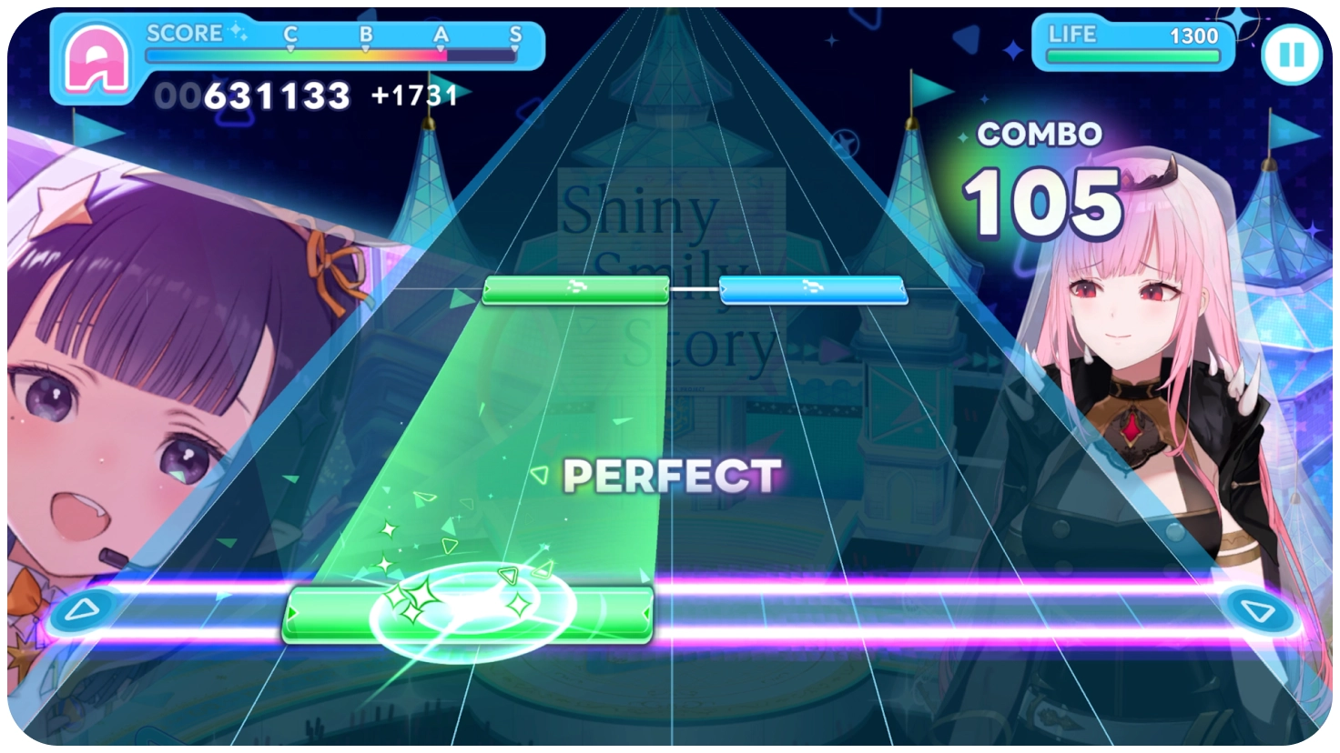 hololive Dreams rhythm stage with green and blue hold notes, two talents and a 105 combo.
