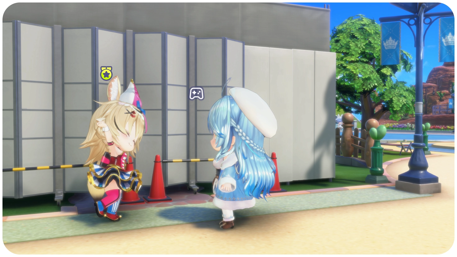 Two chibi hololive talents talking beside a construction barrier during a Dream Park quest.