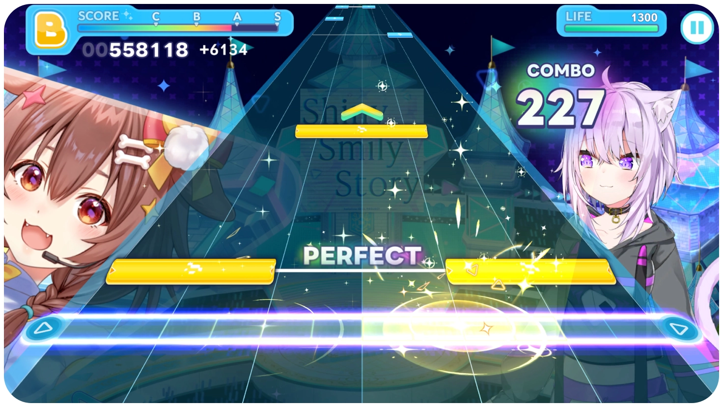 Two hololive talents beside a five-lane rhythm chart with yellow notes and a 227 combo.