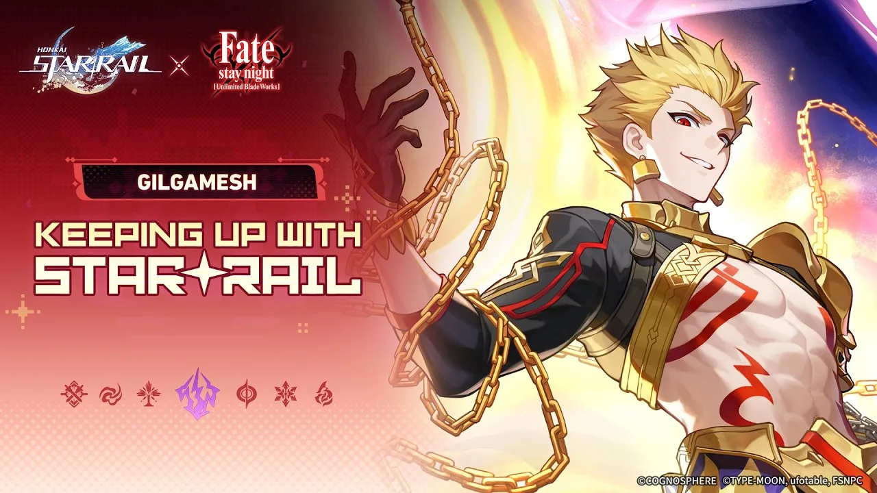 Gilgamesh stands before a field of golden weapons with a confident expression.