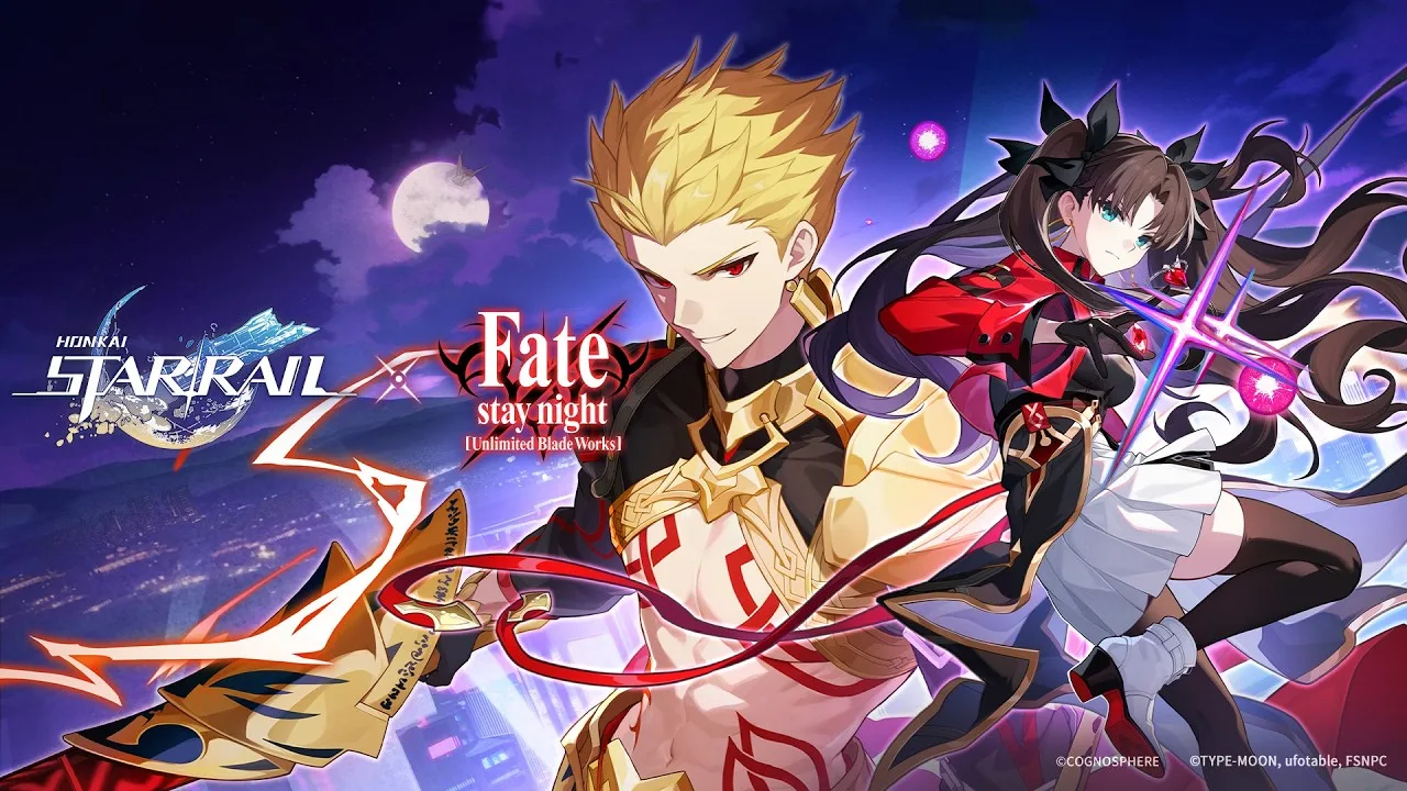 Rin Tohsaka and Gilgamesh appear amid the supernatural conflict of the Fate collaboration.