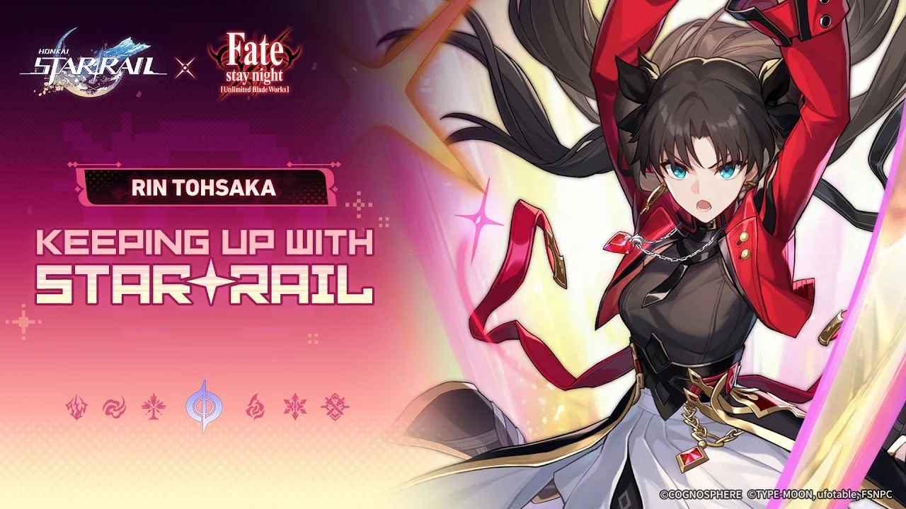 Rin Tohsaka prepares to use her magic as glowing effects surround her.