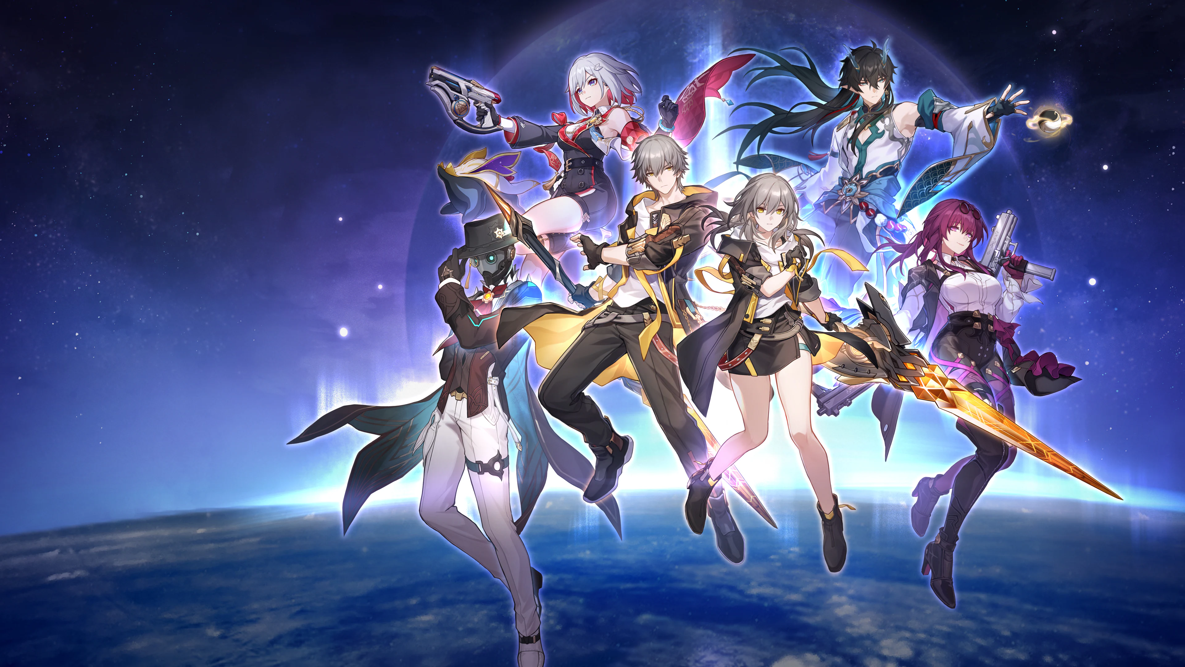 The Trailblazer and several Honkai: Star Rail characters assembled against a blue planetary background