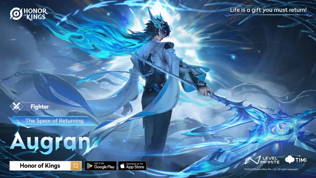 Augran appears in official Honor of Kings character artwork with his weapon and supernatural effects.