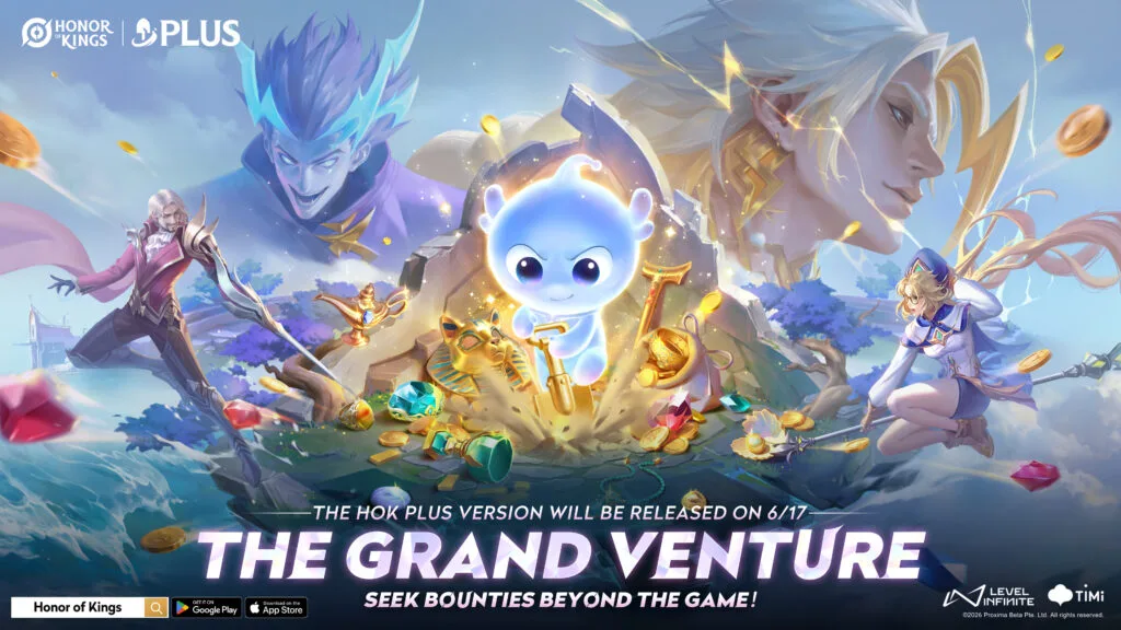 Honor of Kings Plus 2.0 artwork presents The Grand Venture with heroes surrounding its central spirit and treasure.