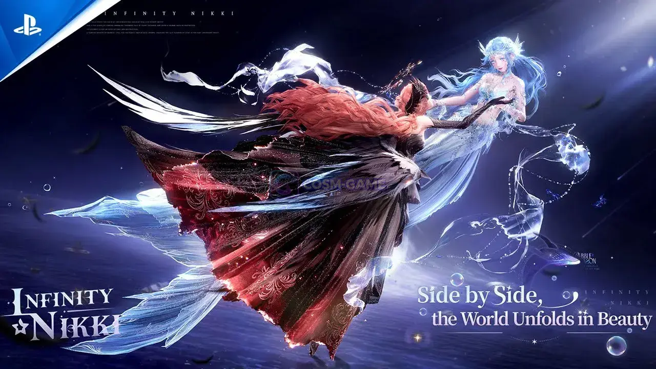Two figures in flowing dark red and icy blue gowns face each other against a deep blue fantasy backdrop.