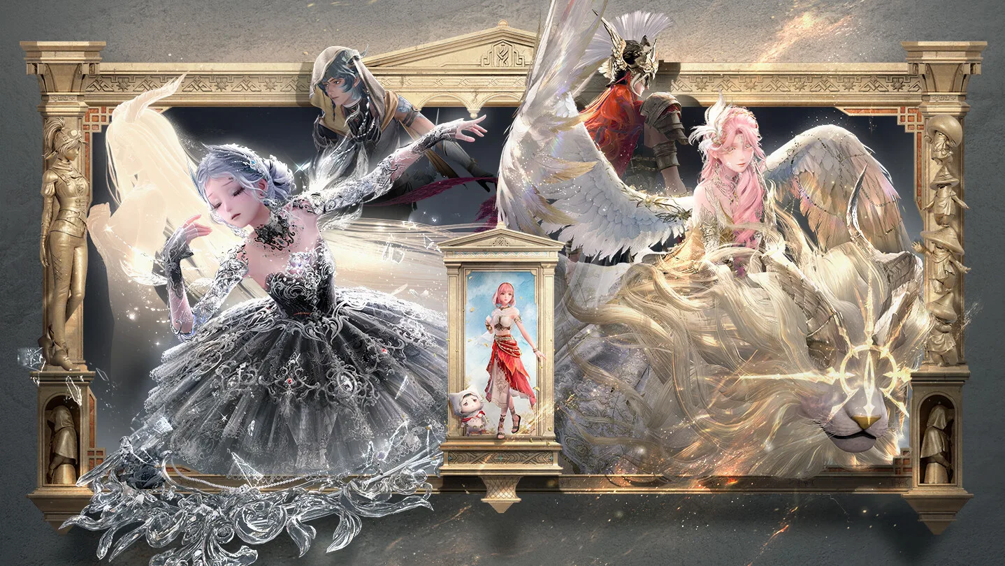 Infinity Nikki characters and fantasy outfits arranged in an ornate promotional collage