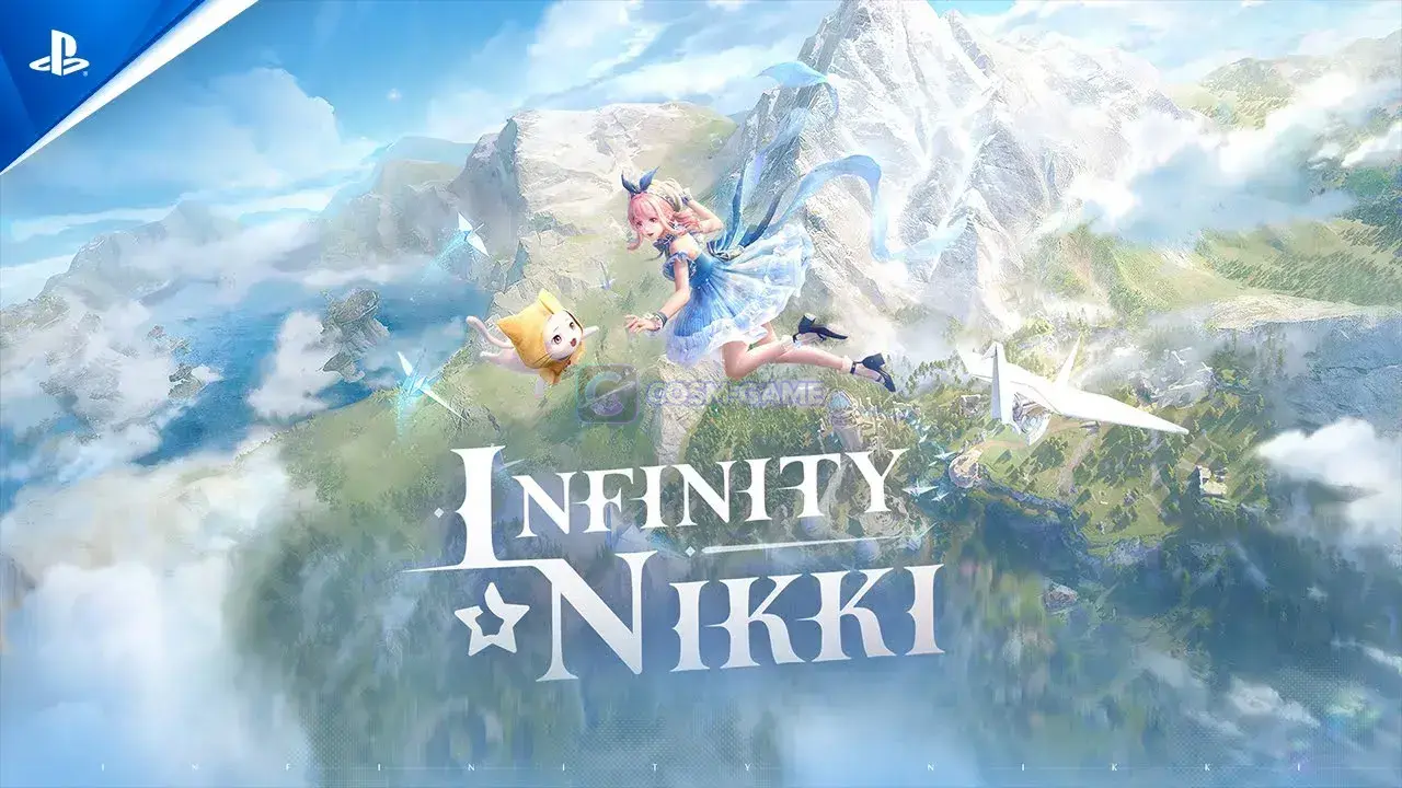 Nikki and Momo fly above a mountainous Miraland landscape beneath a bright blue sky.