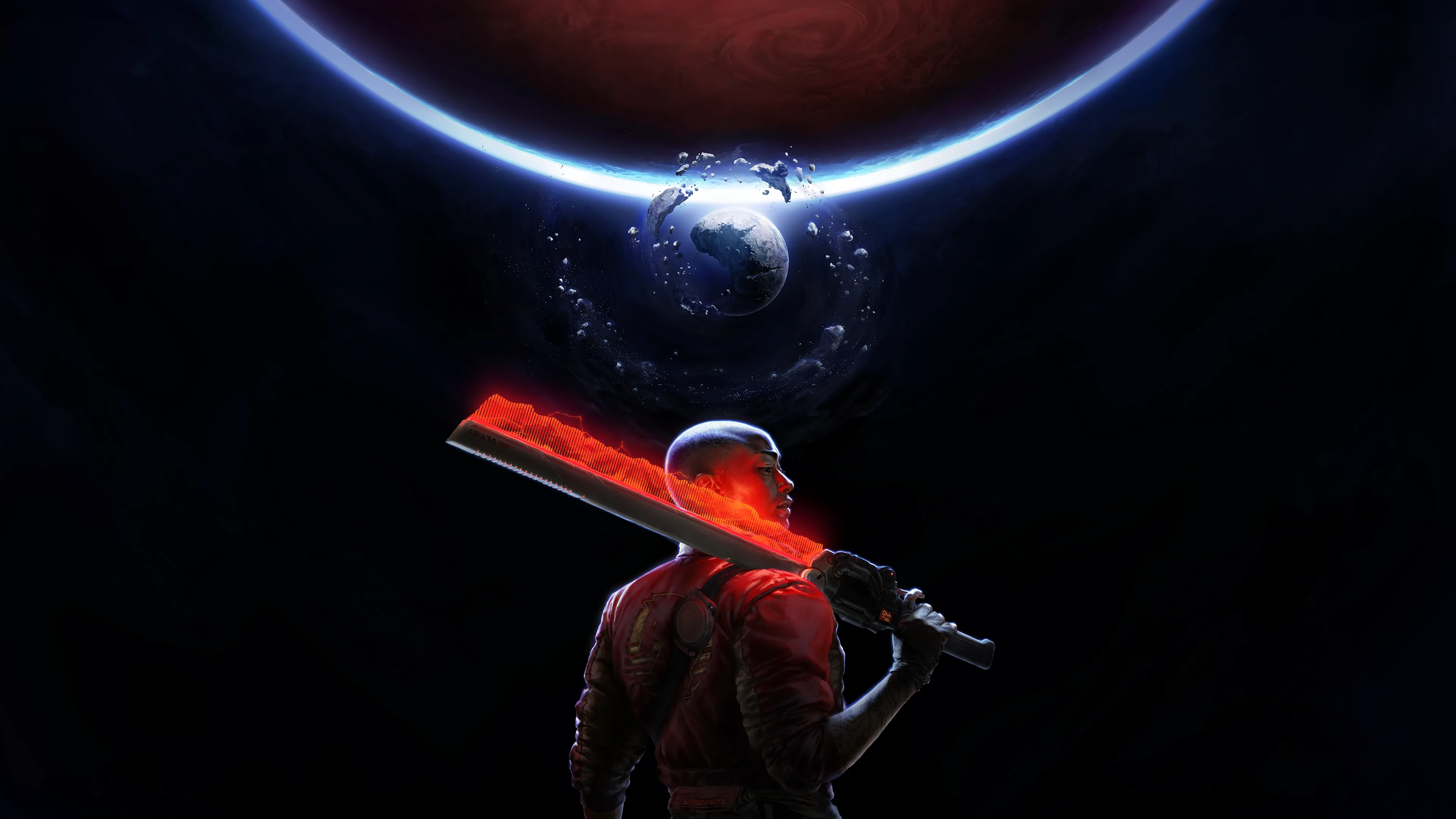 Jordan A. Mun holding a red-bladed weapon beneath Sempiria in Naughty Dog's official 4K artwork.
