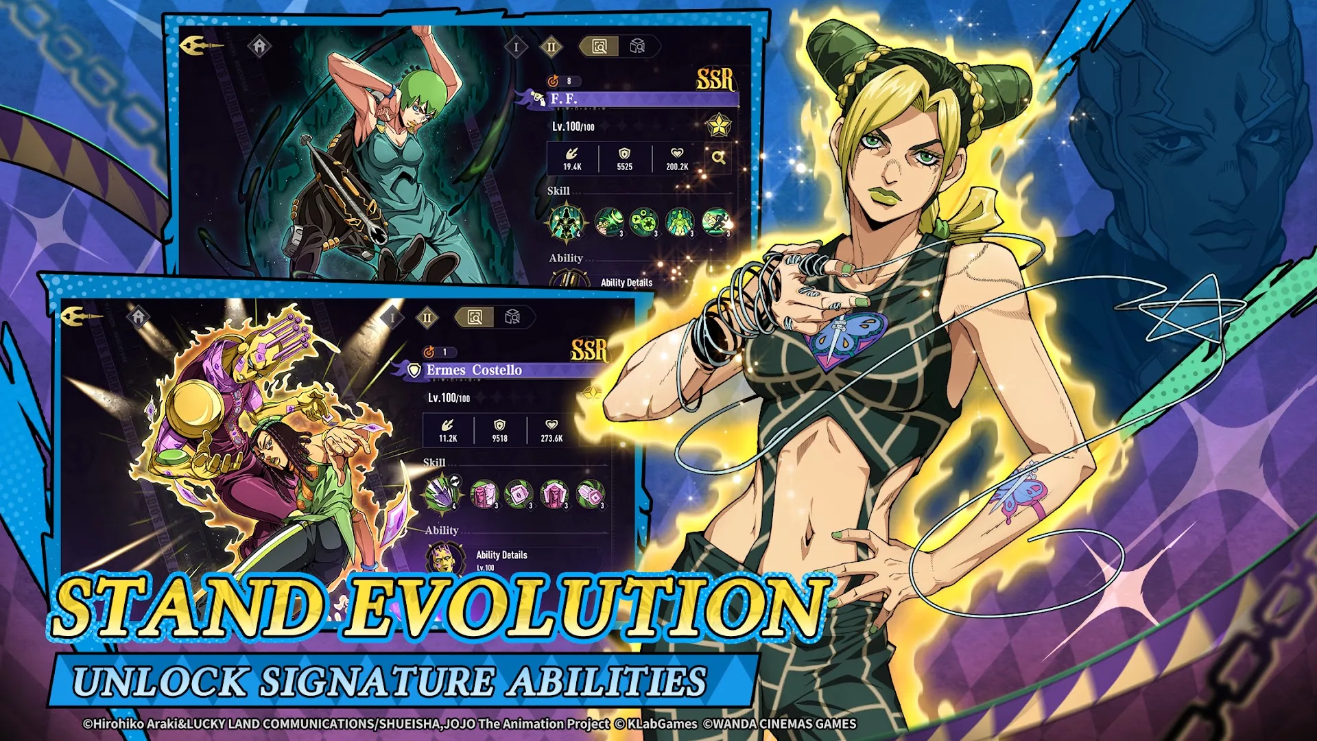 A story scene recreates JoJo anime imagery with the game's character presentation.